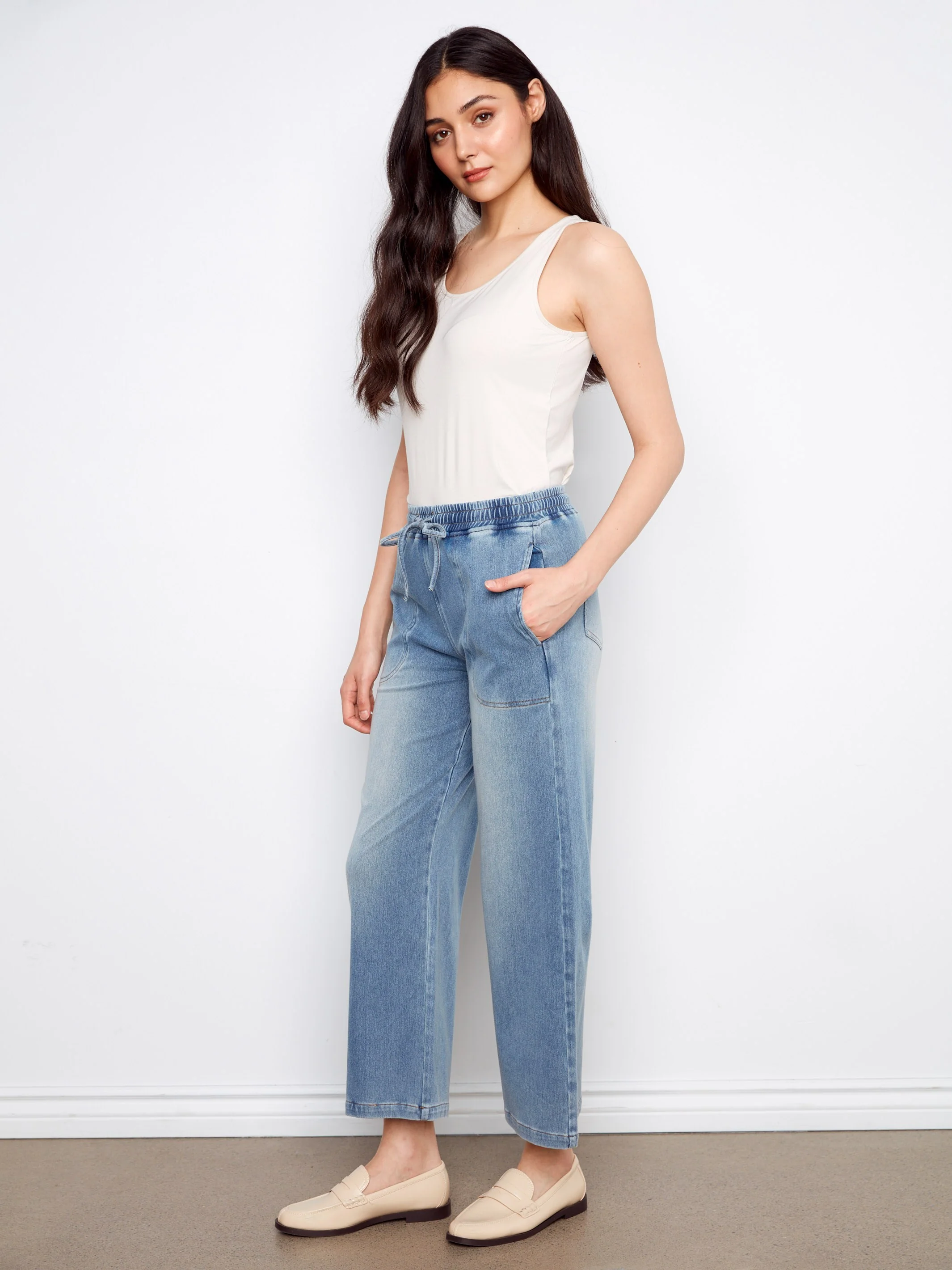 Knit Denim Wide Leg Jogger Pants - Medium Blue - Image 4