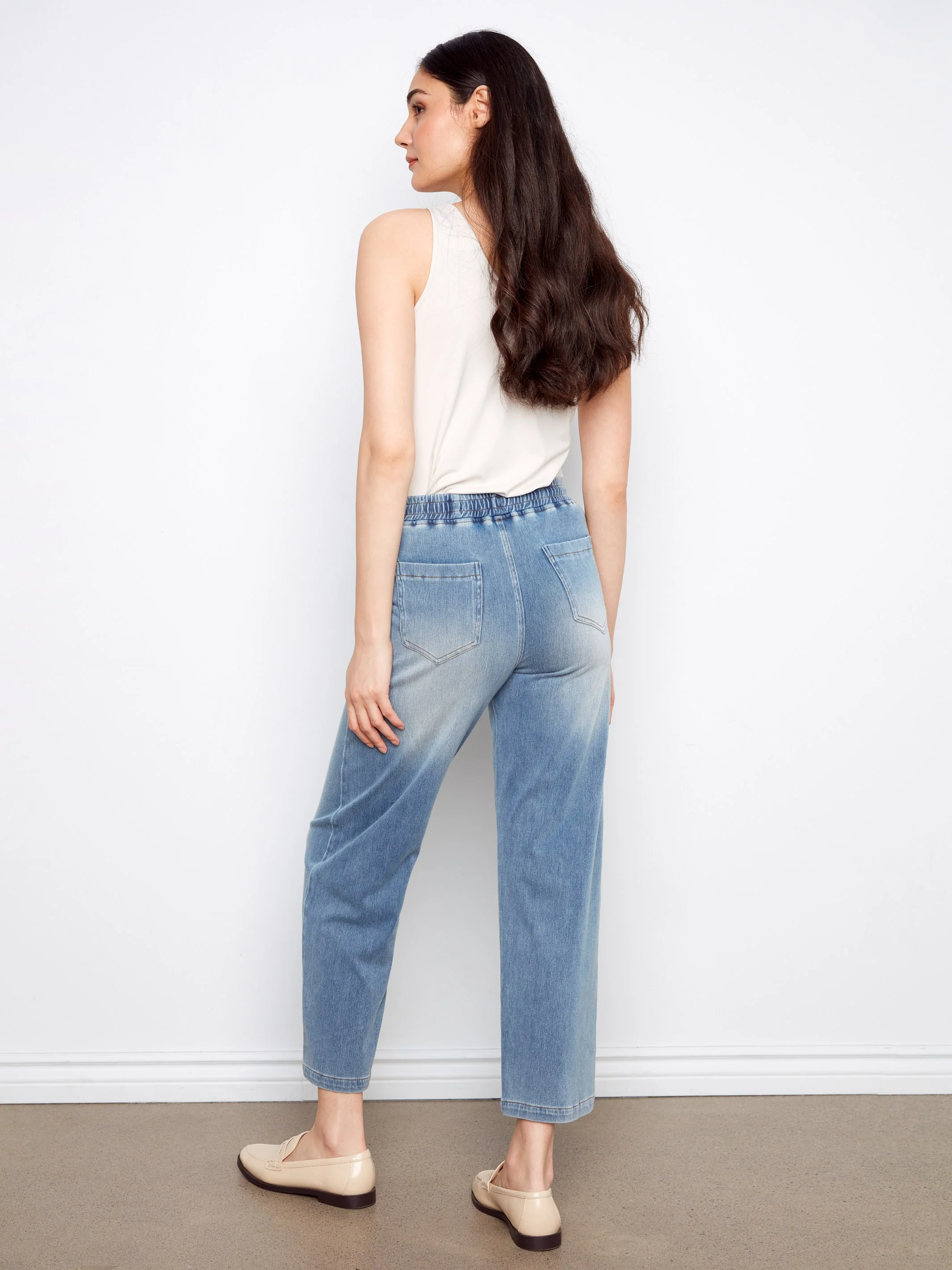 Knit Denim Wide Leg Jogger Pants - Medium Blue - Image 5