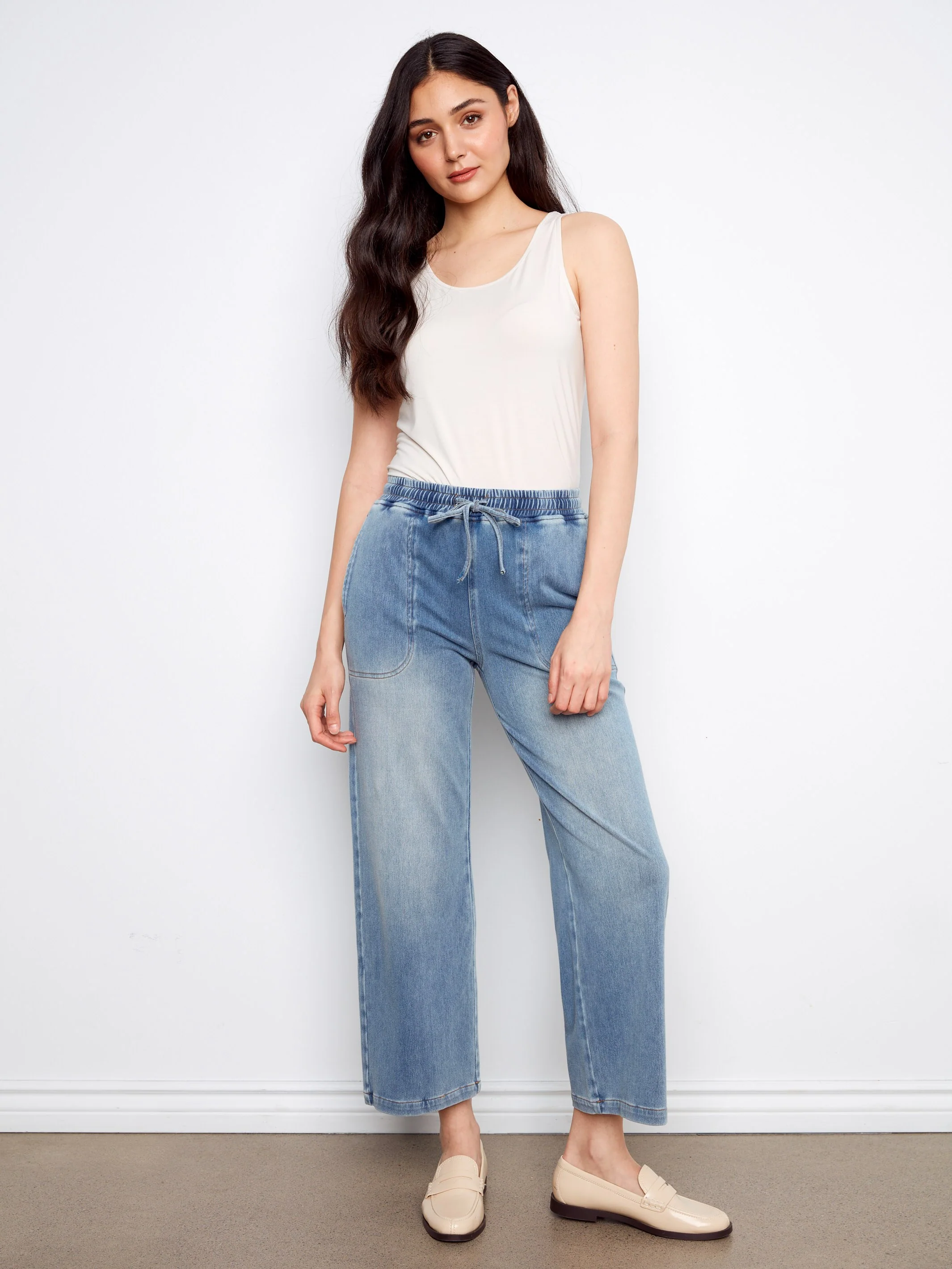 Knit Denim Wide Leg Jogger Pants - Medium Blue - Image 6