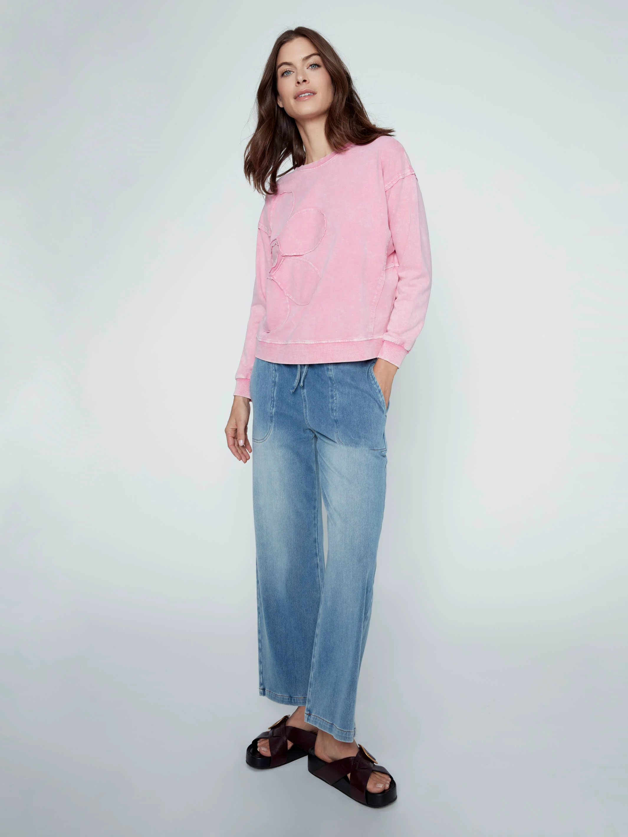 Knit Denim Wide Leg Jogger Pants - Medium Blue - Image 7