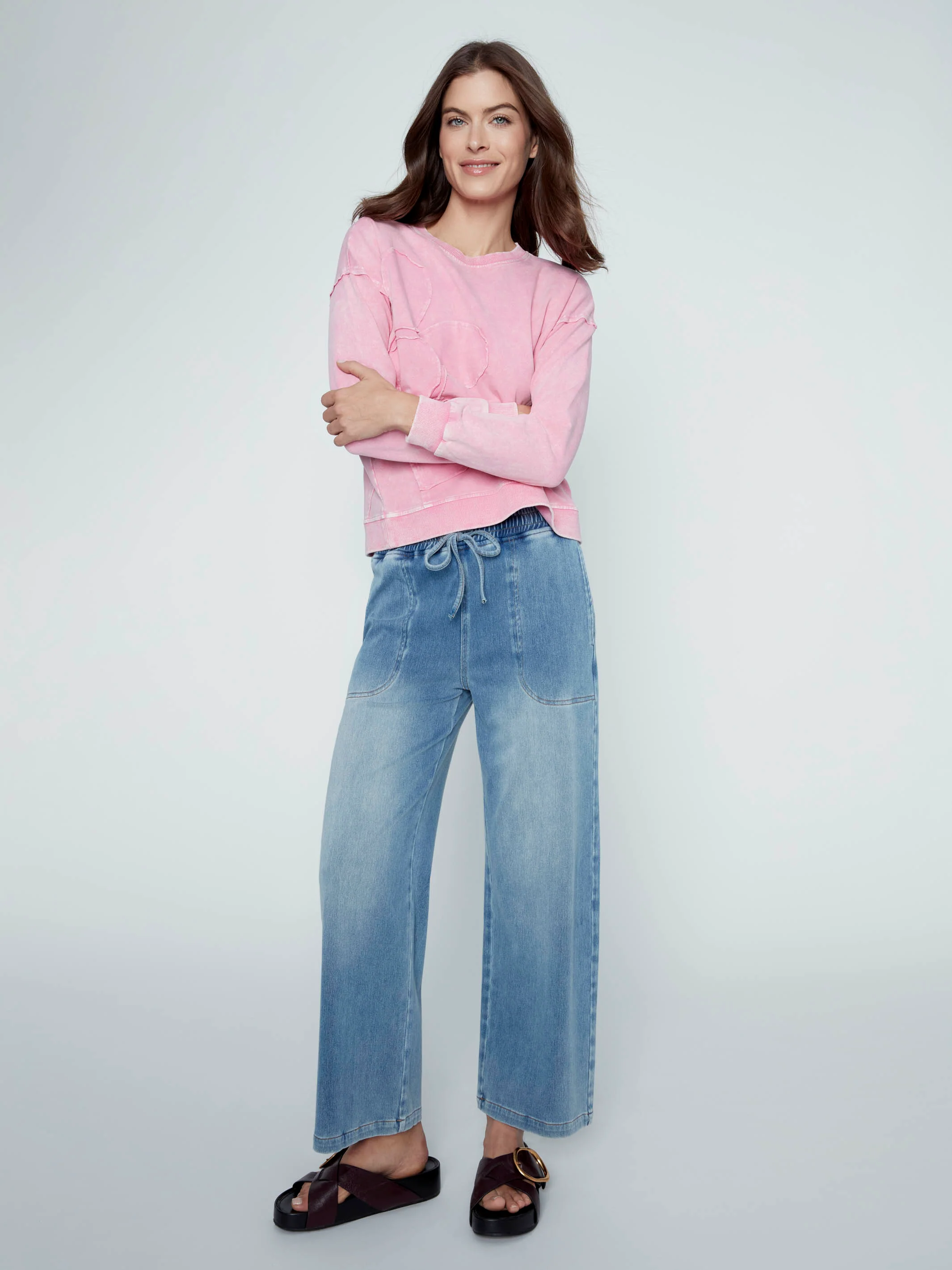 Knit Denim Wide Leg Jogger Pants - Medium Blue - Image 8