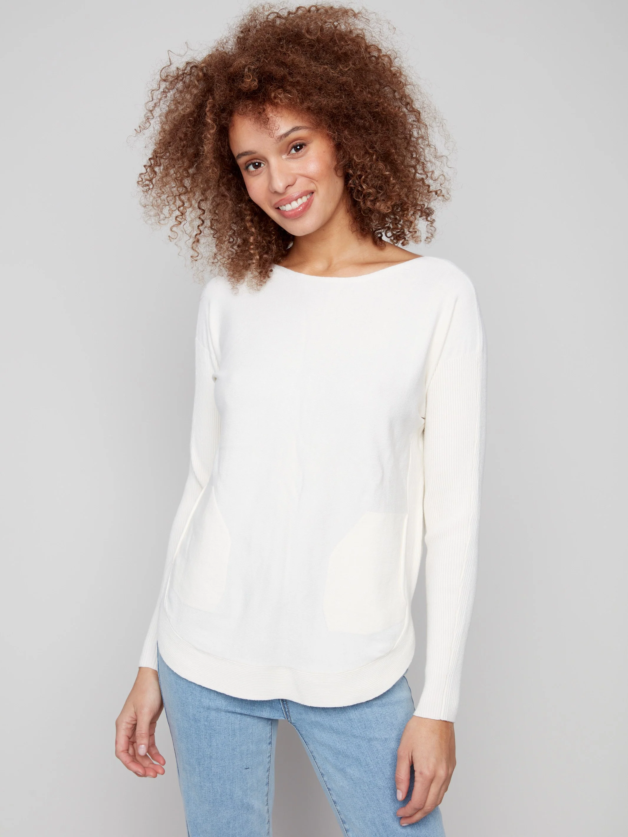 Knit Sweater With Back Lace-Up Detail - Ecru