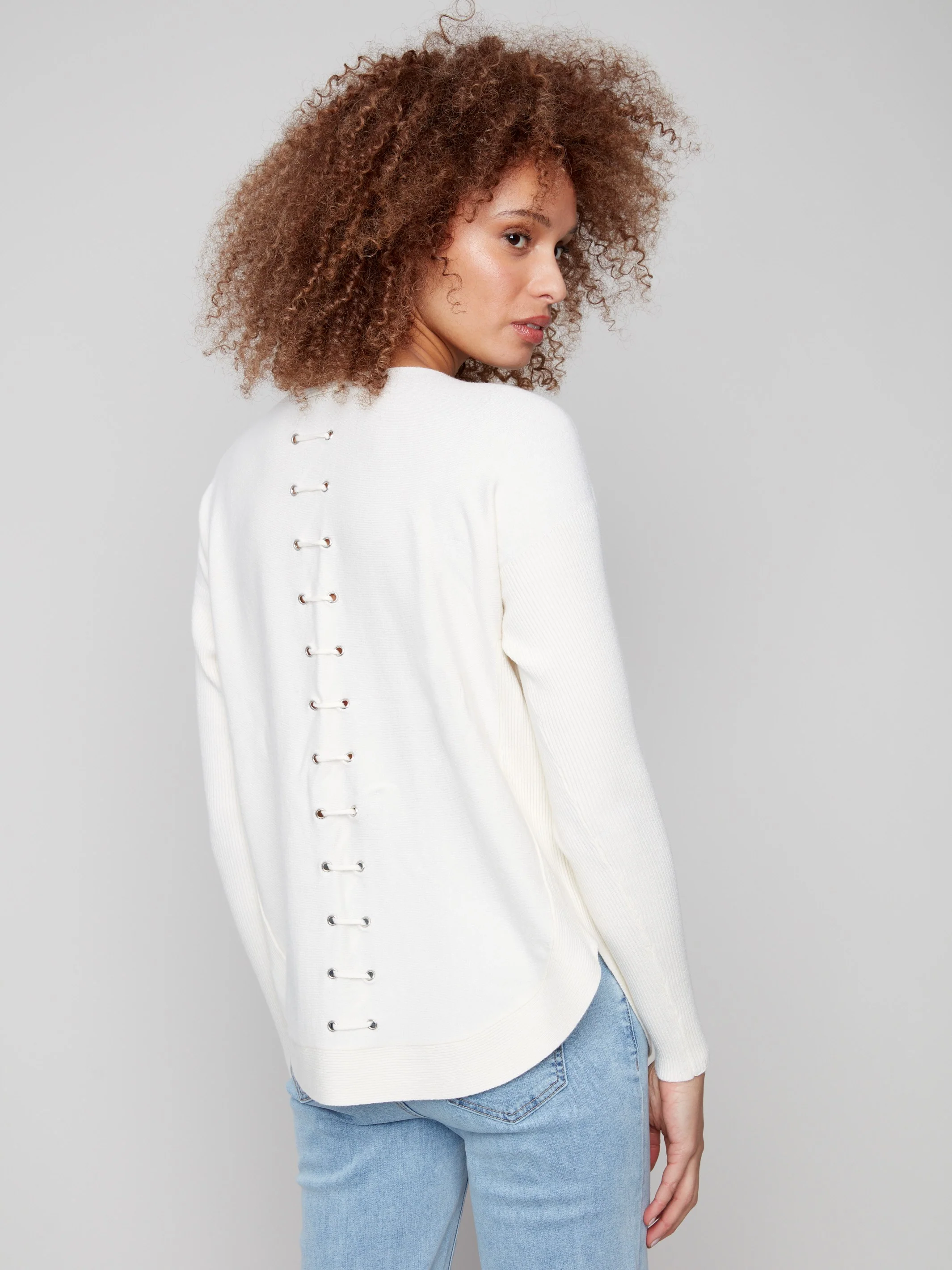 Knit Sweater With Back Lace-Up Detail - Ecru - Image 2