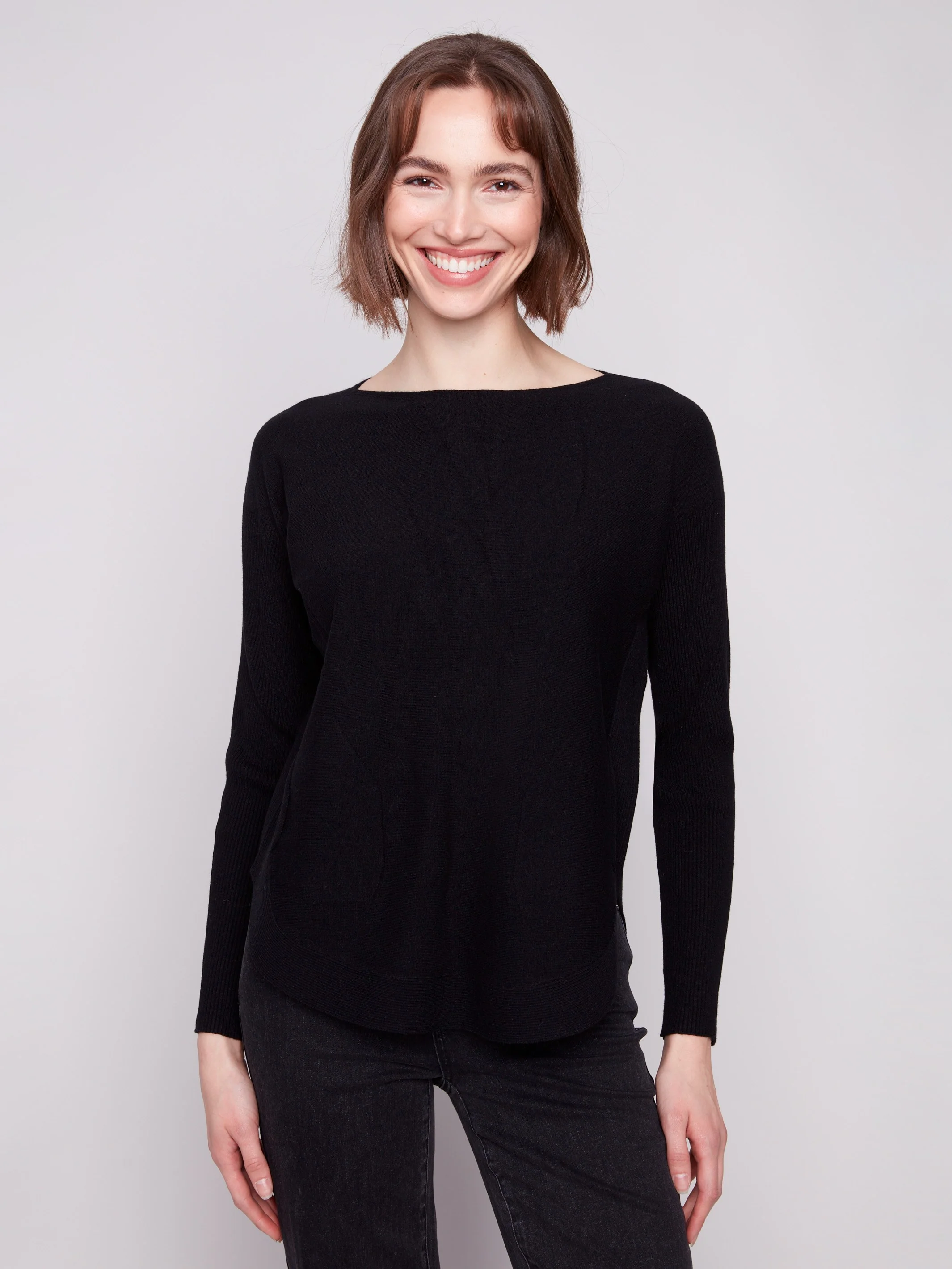 Knit Sweater With Back Lace-Up Detail - Black - Image 5