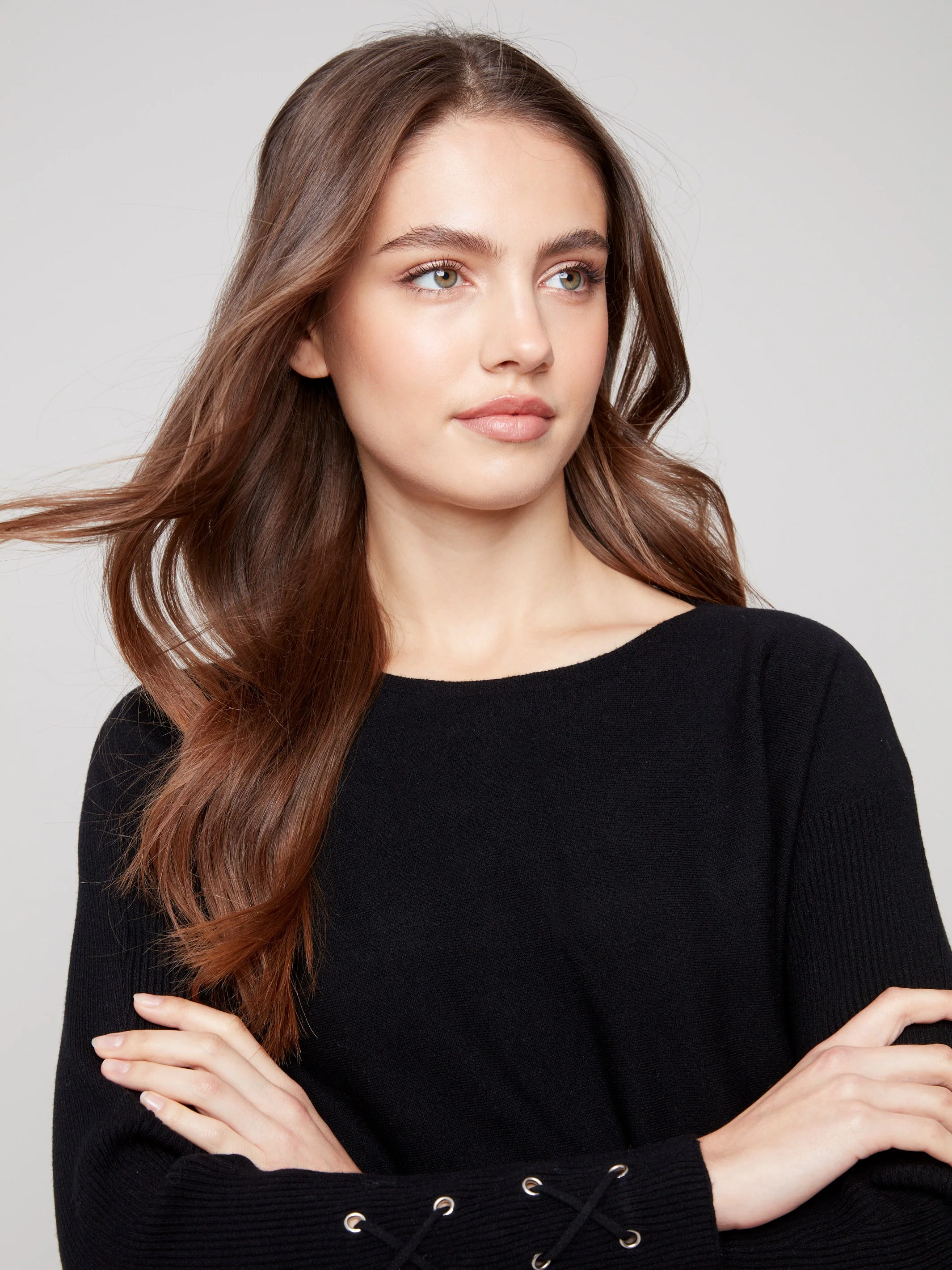 Knit Sweater With Lace-Up Cuffs - Black - Image 2