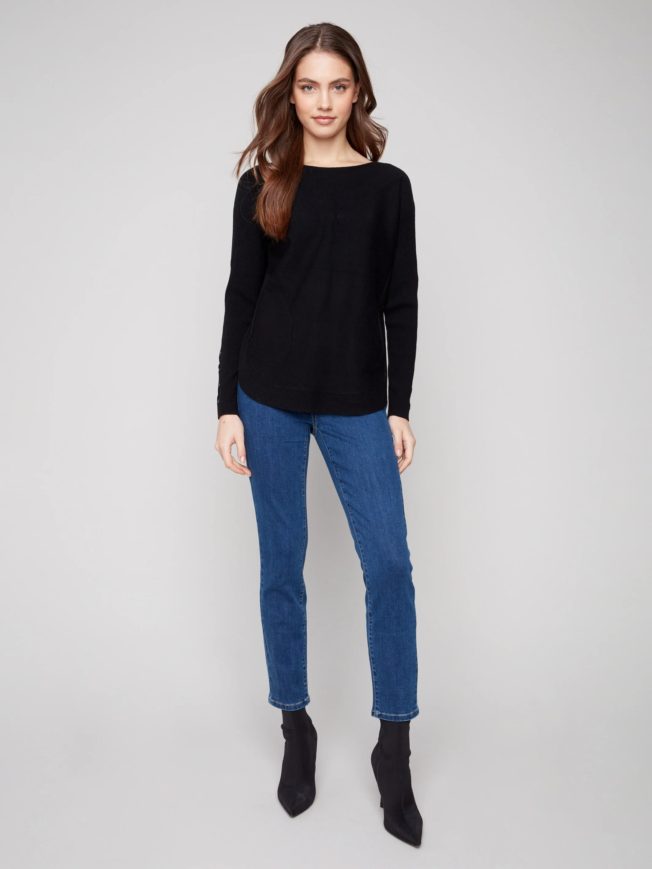 Knit Sweater With Lace-Up Cuffs - Black - Image 3
