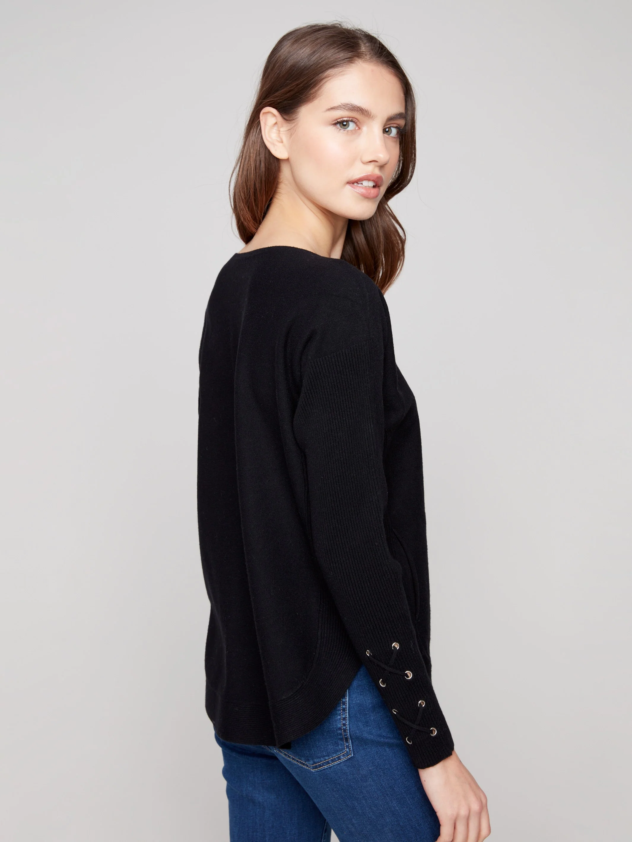 Knit Sweater With Lace-Up Cuffs - Black - Image 4