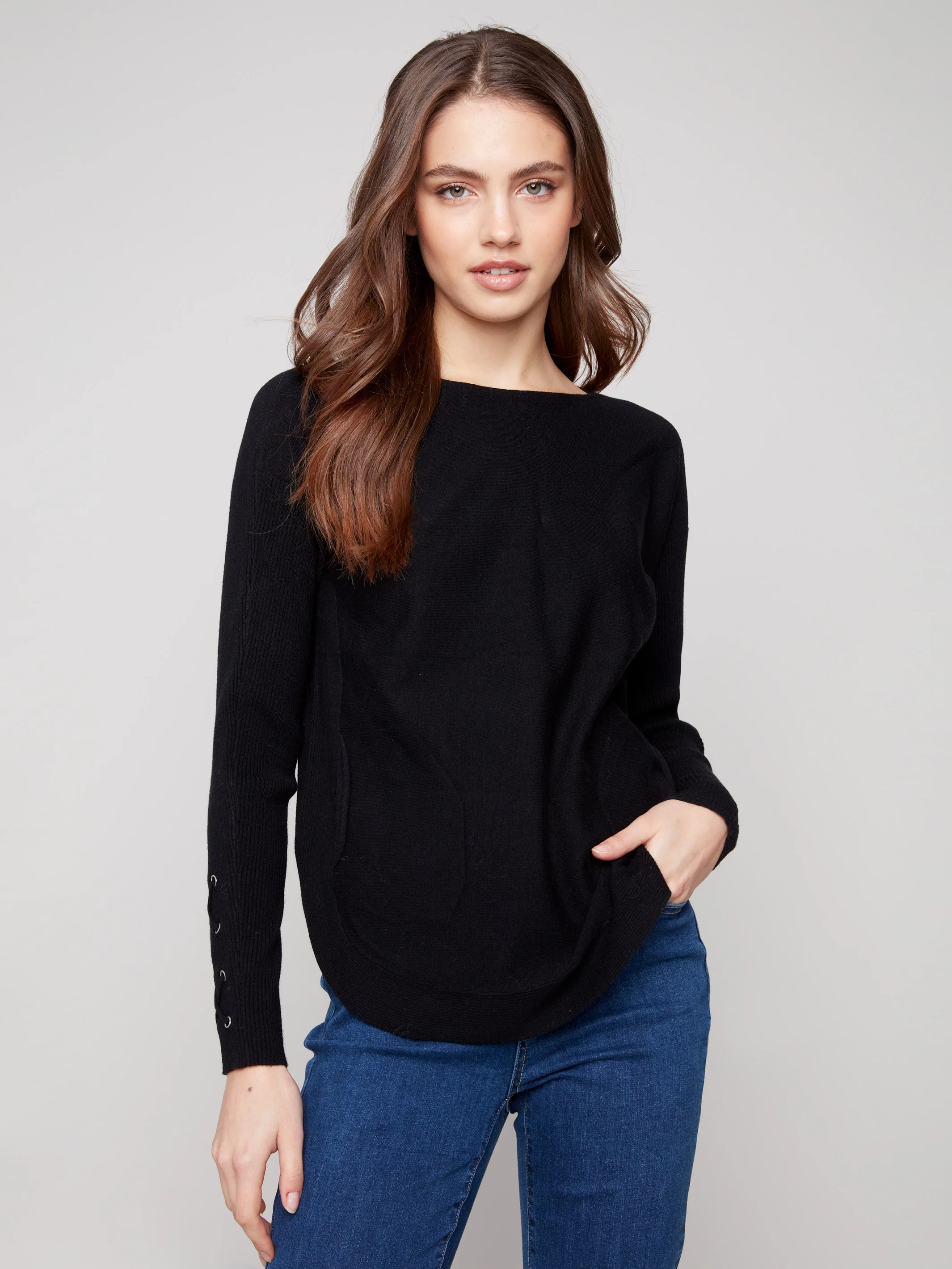 Knit Sweater With Lace-Up Cuffs - Black - Image 5
