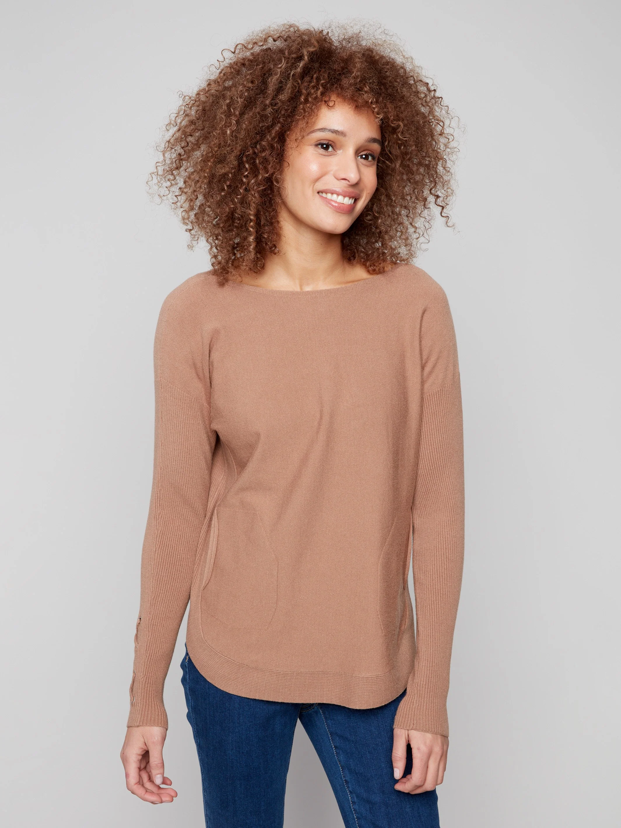 Knit Sweater With Lace-Up Cuffs - Truffle