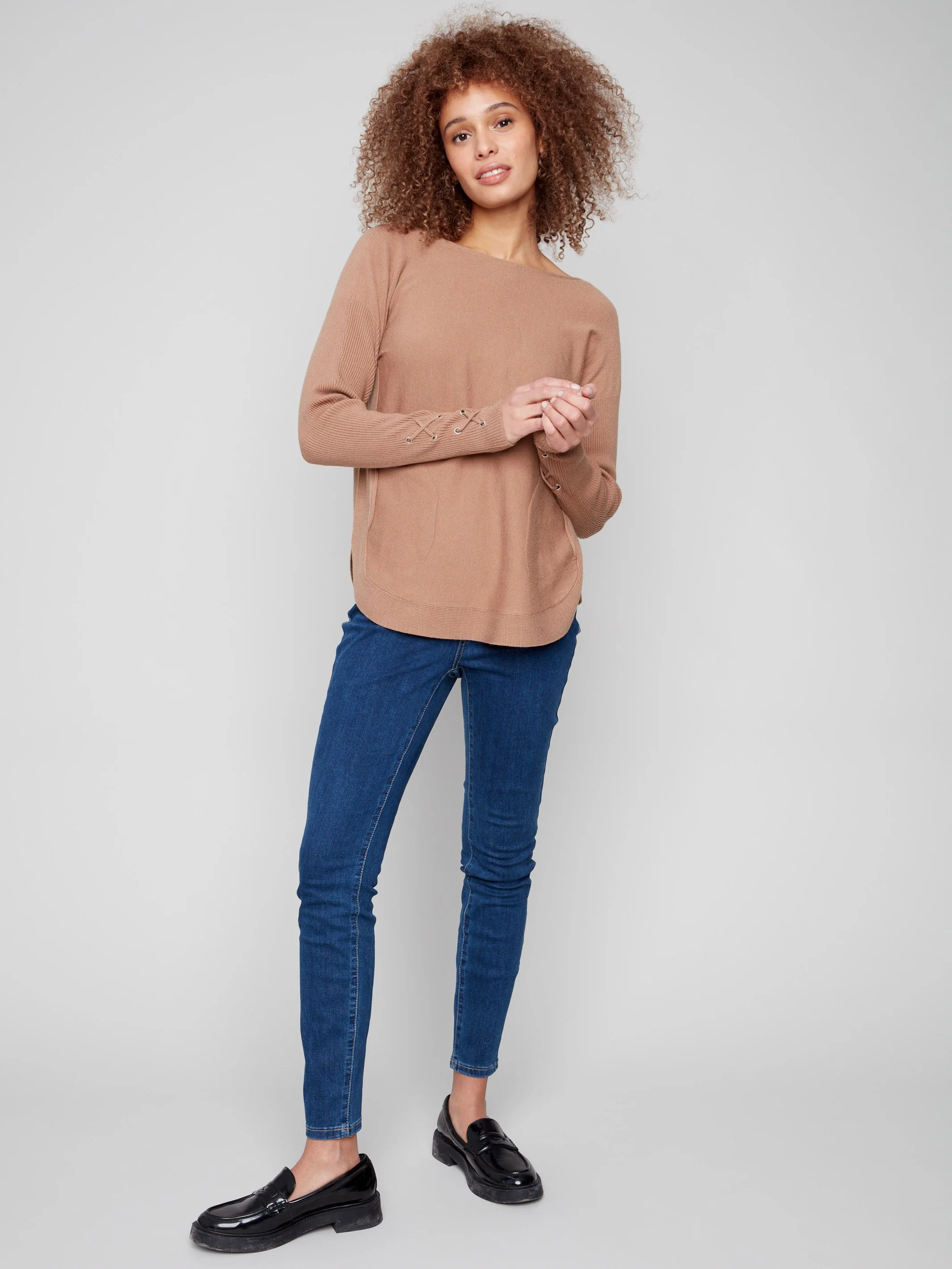 Knit Sweater With Lace-Up Cuffs - Truffle - Image 2