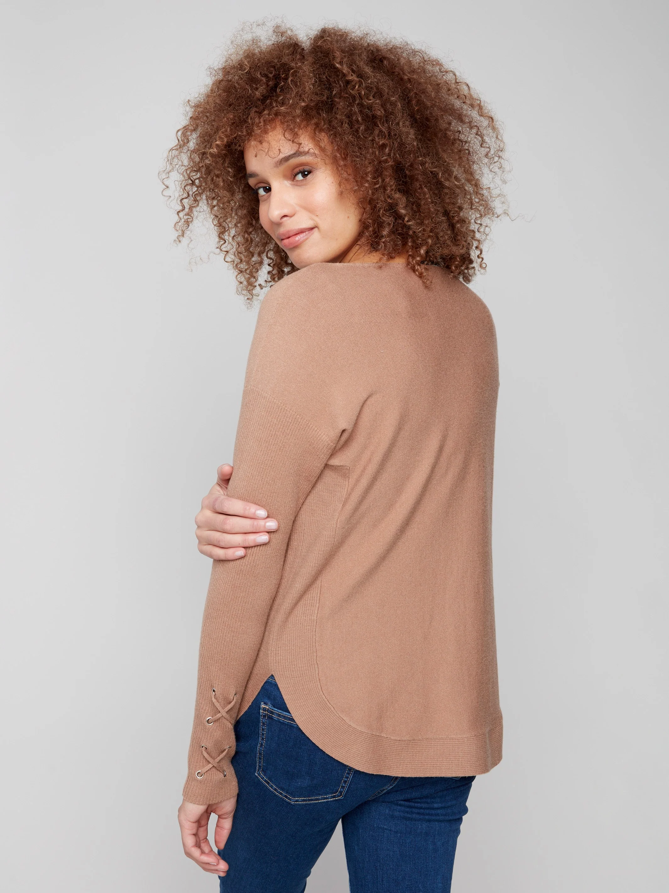 Knit Sweater With Lace-Up Cuffs - Truffle - Image 4