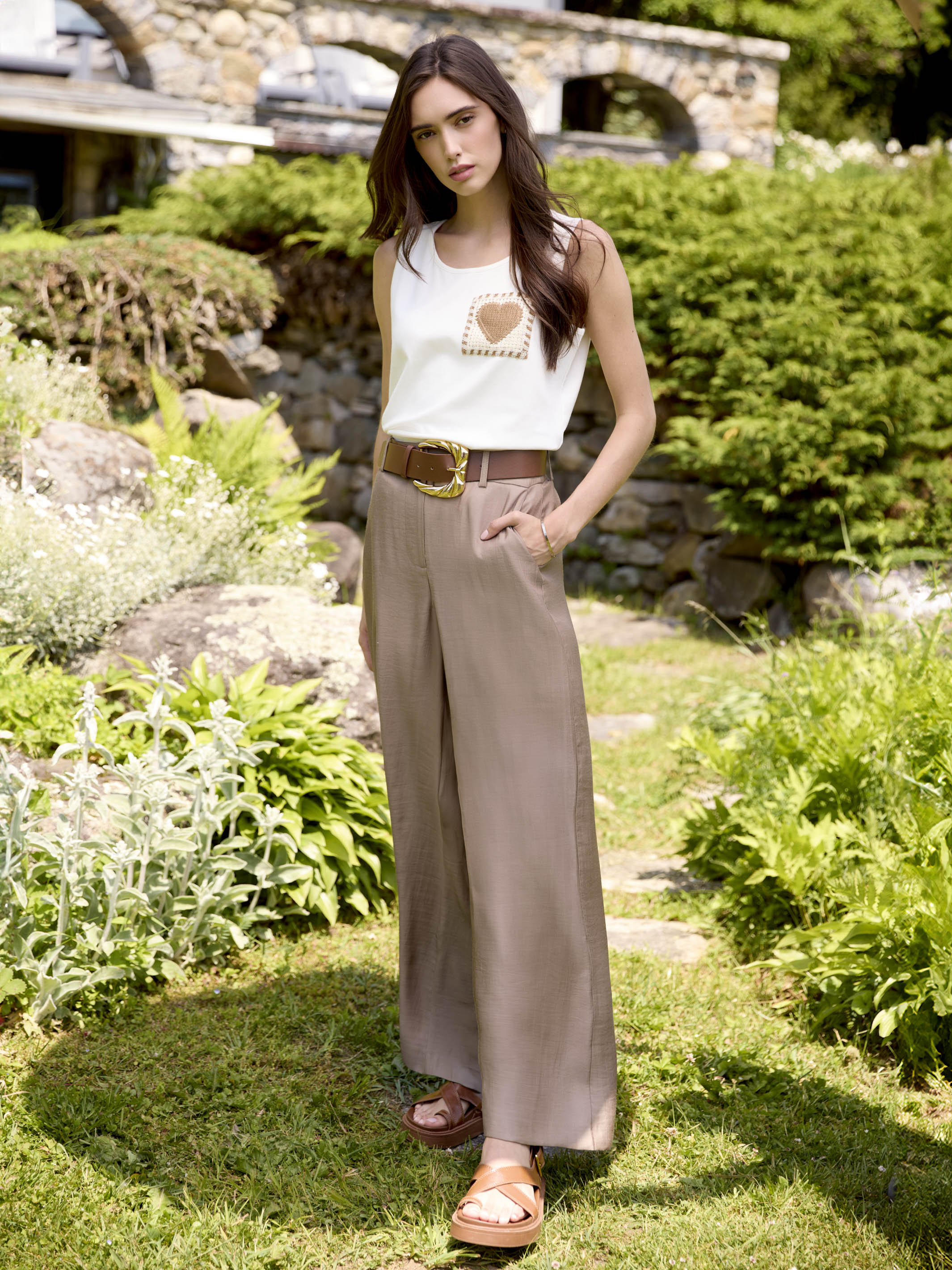 Knit Tank Top With Crochet Pocket - Ecru - Image 2