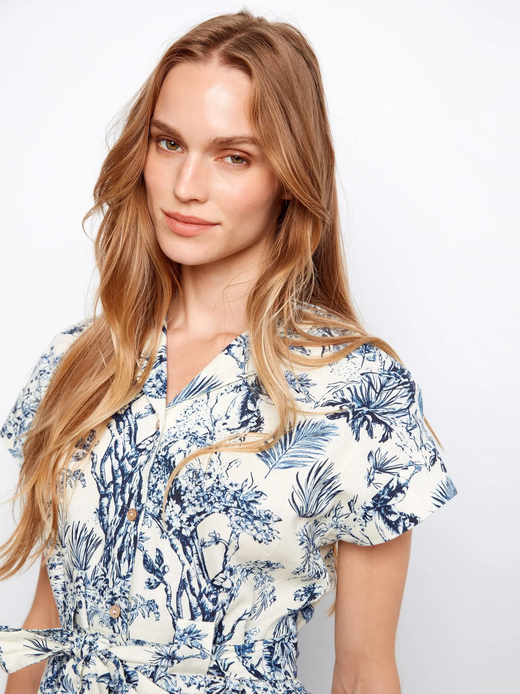 Linen Blend Short Sleeve Button-Front Dress - Versailles - Image 7