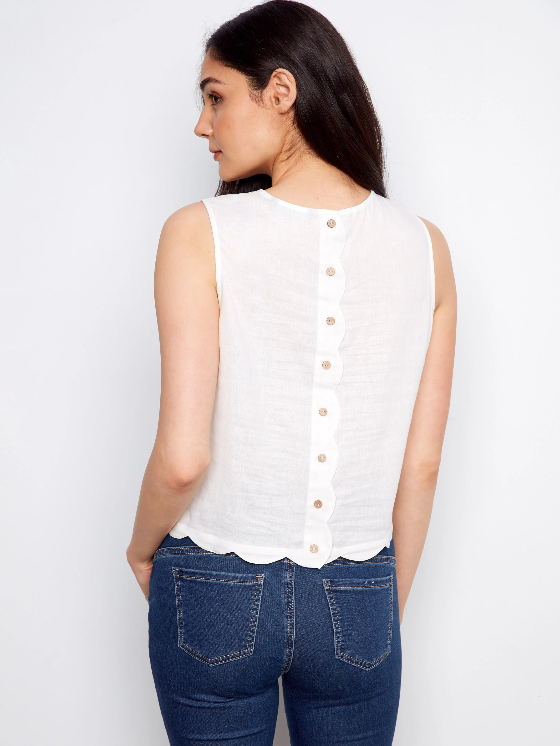 Linen Blend Sleeveless Scalloped Top - White - Image 3
