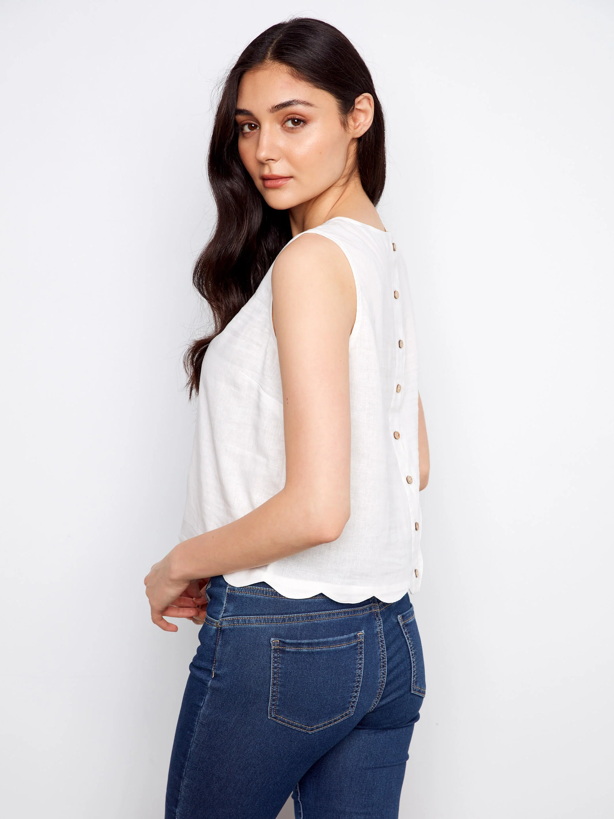 Linen Blend Sleeveless Scalloped Top - White - Image 5