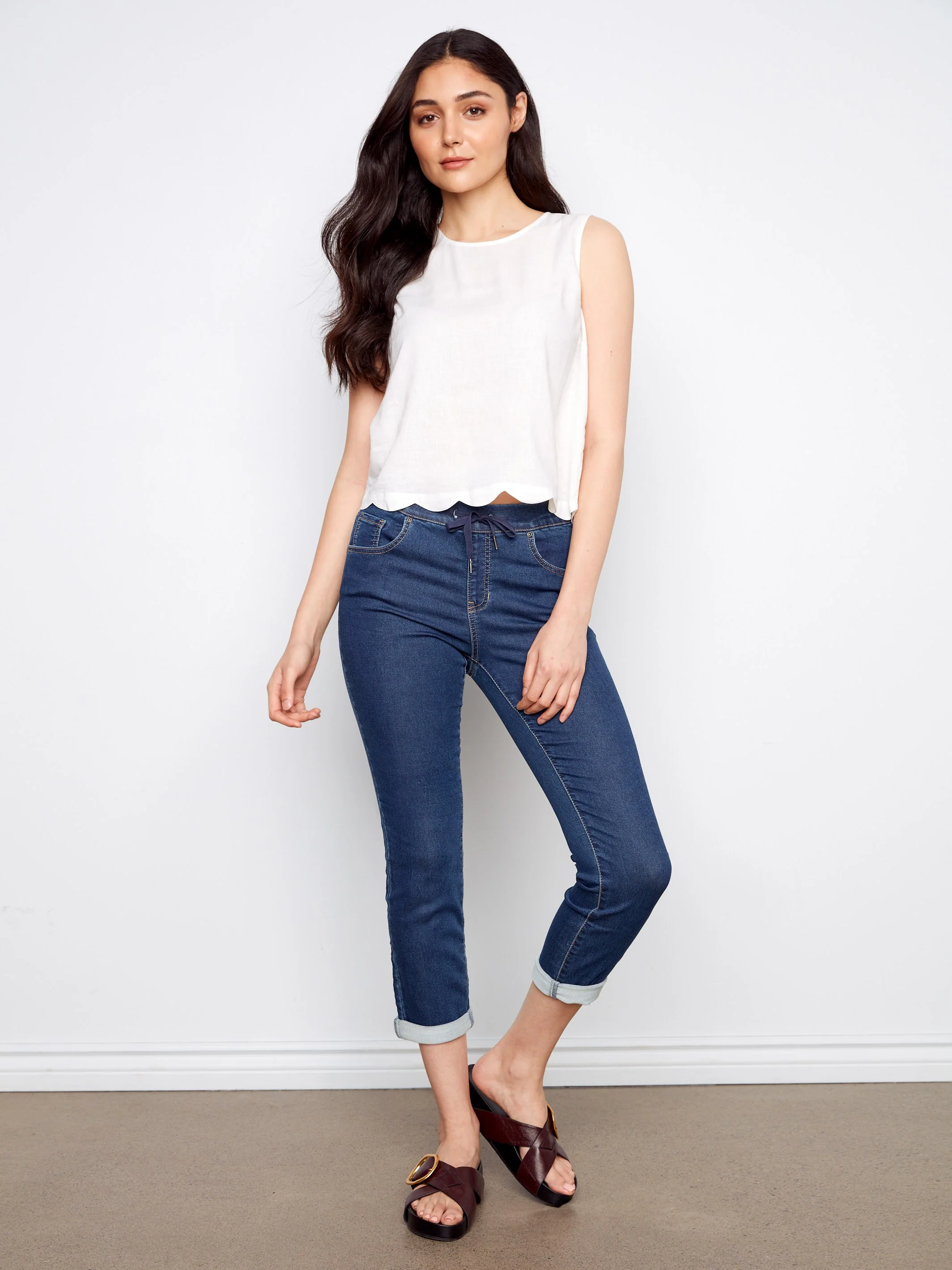 Linen Blend Sleeveless Scalloped Top - White - Image 6