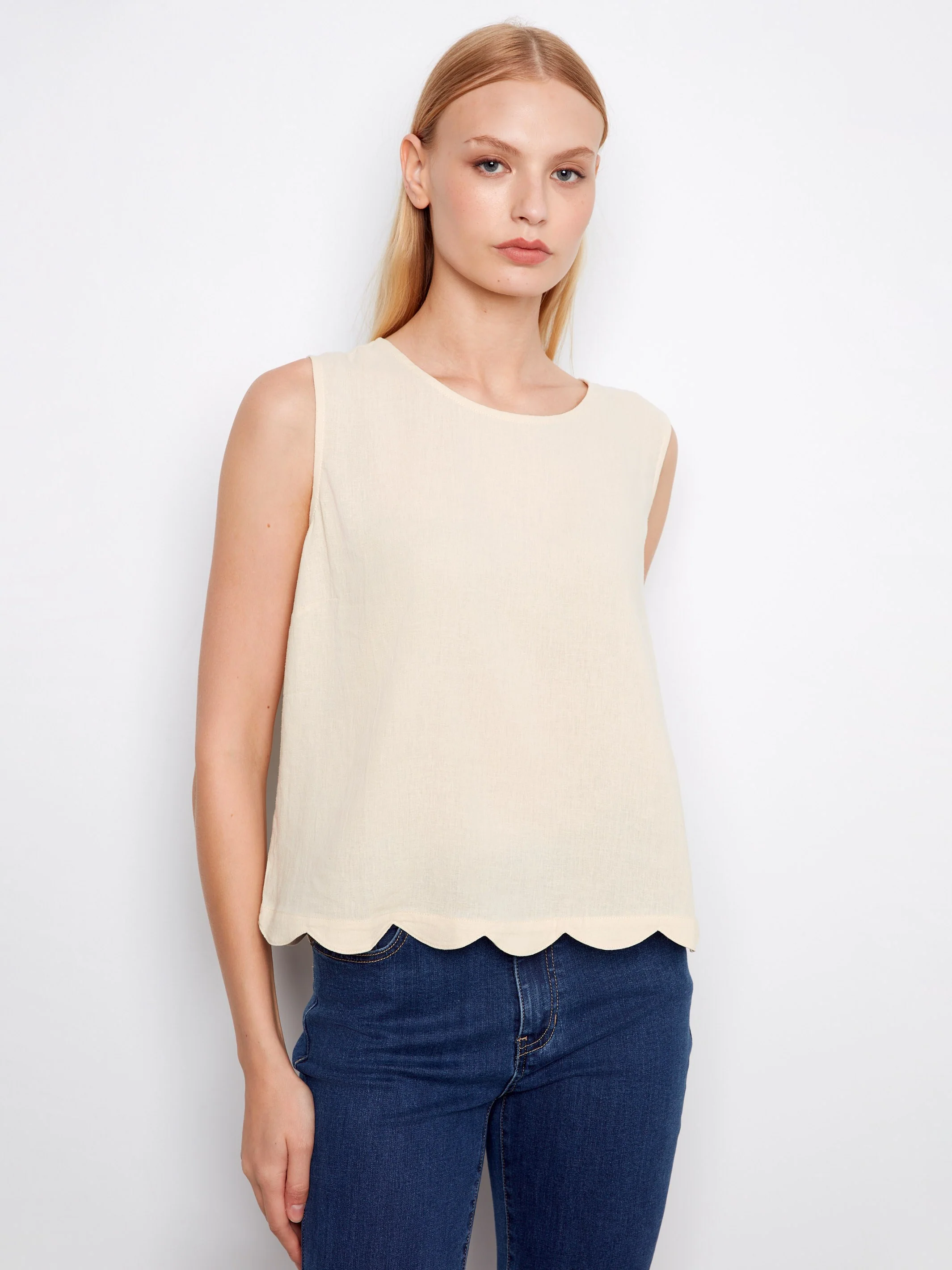Linen Blend Sleeveless Scalloped Top - Fog