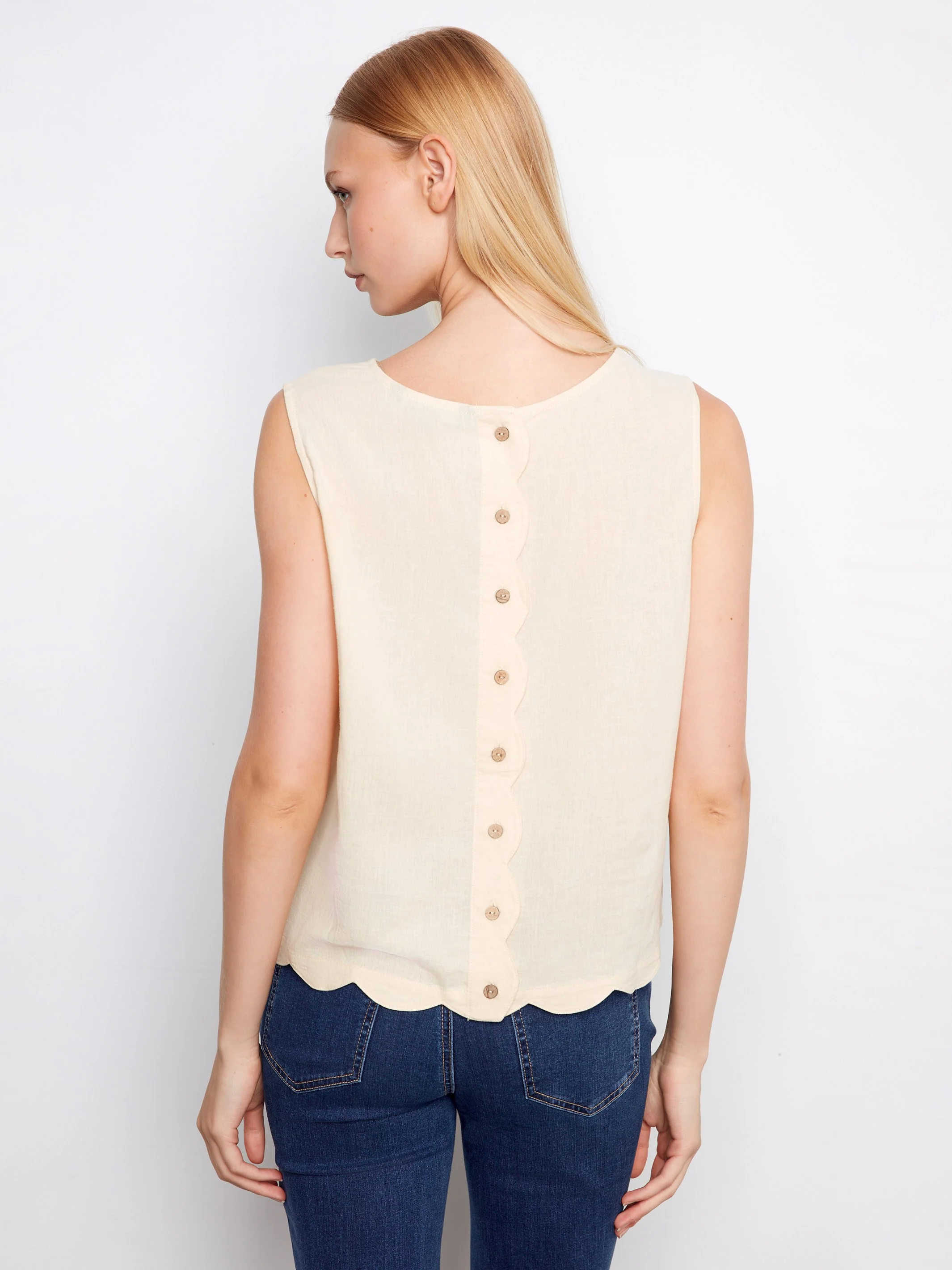 Linen Blend Sleeveless Scalloped Top - Fog - Image 4