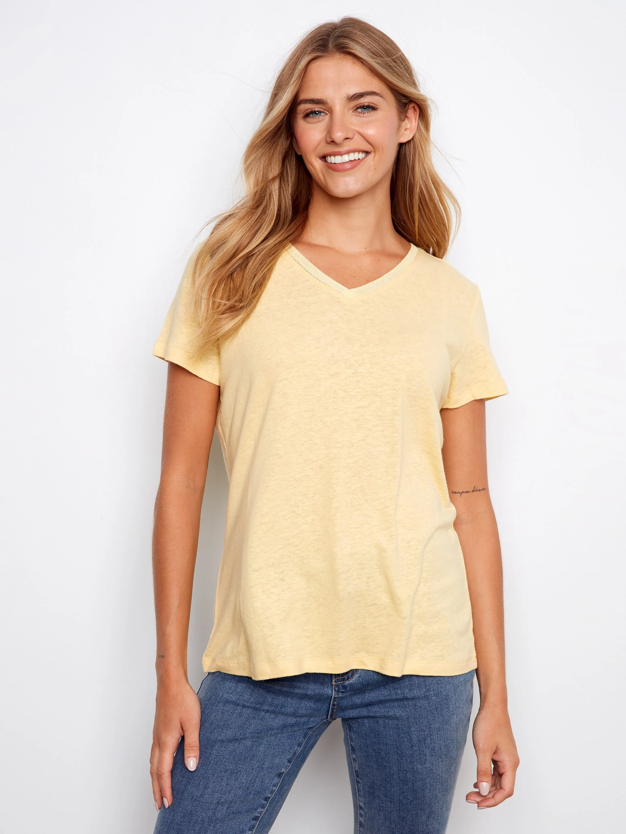 Linen Blend V-Neck T-Shirt - Sunshine - Image 3