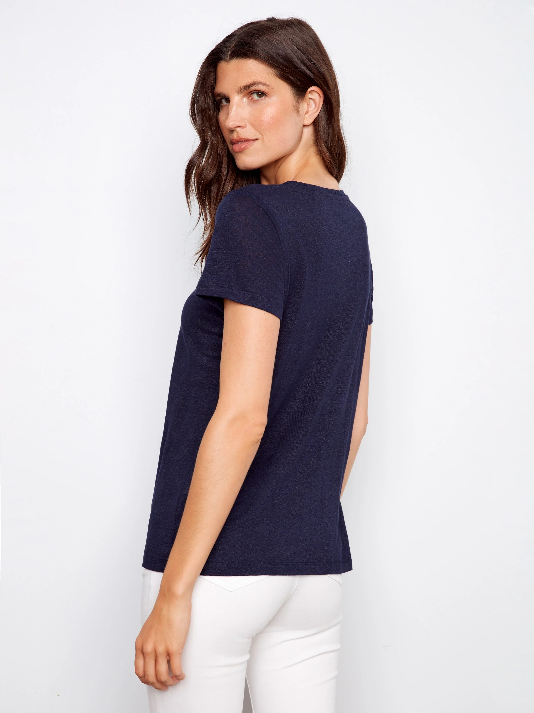 Linen Blend V-Neck T-Shirt - Navy - Image 3
