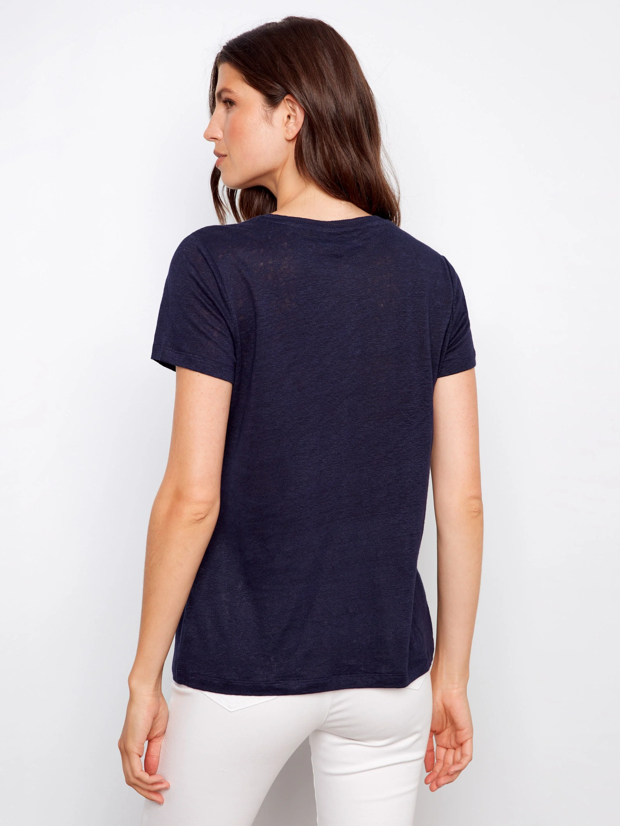 Linen Blend V-Neck T-Shirt - Navy - Image 4