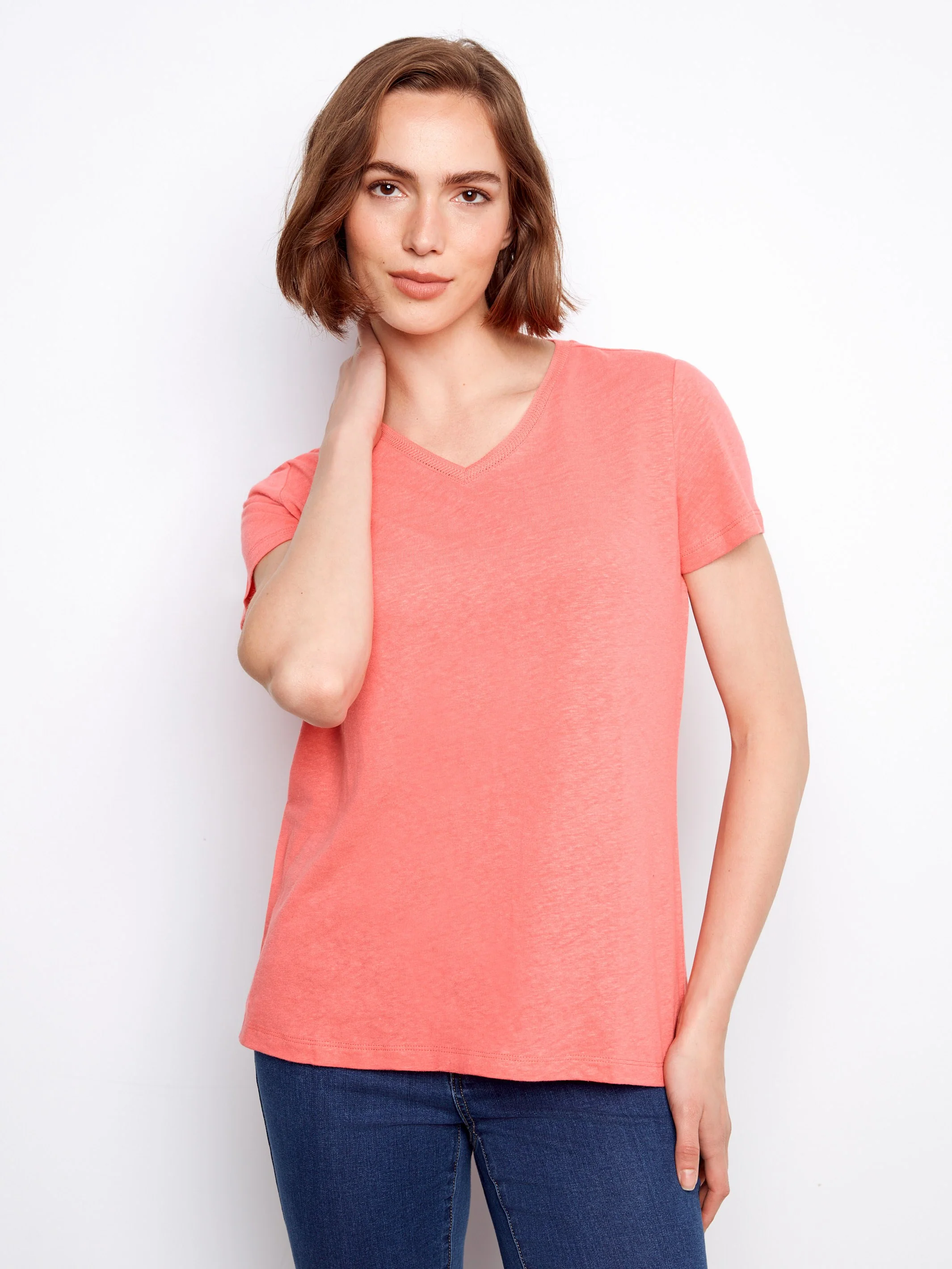 Linen Blend V-Neck T-Shirt - Sorbet - Image 2