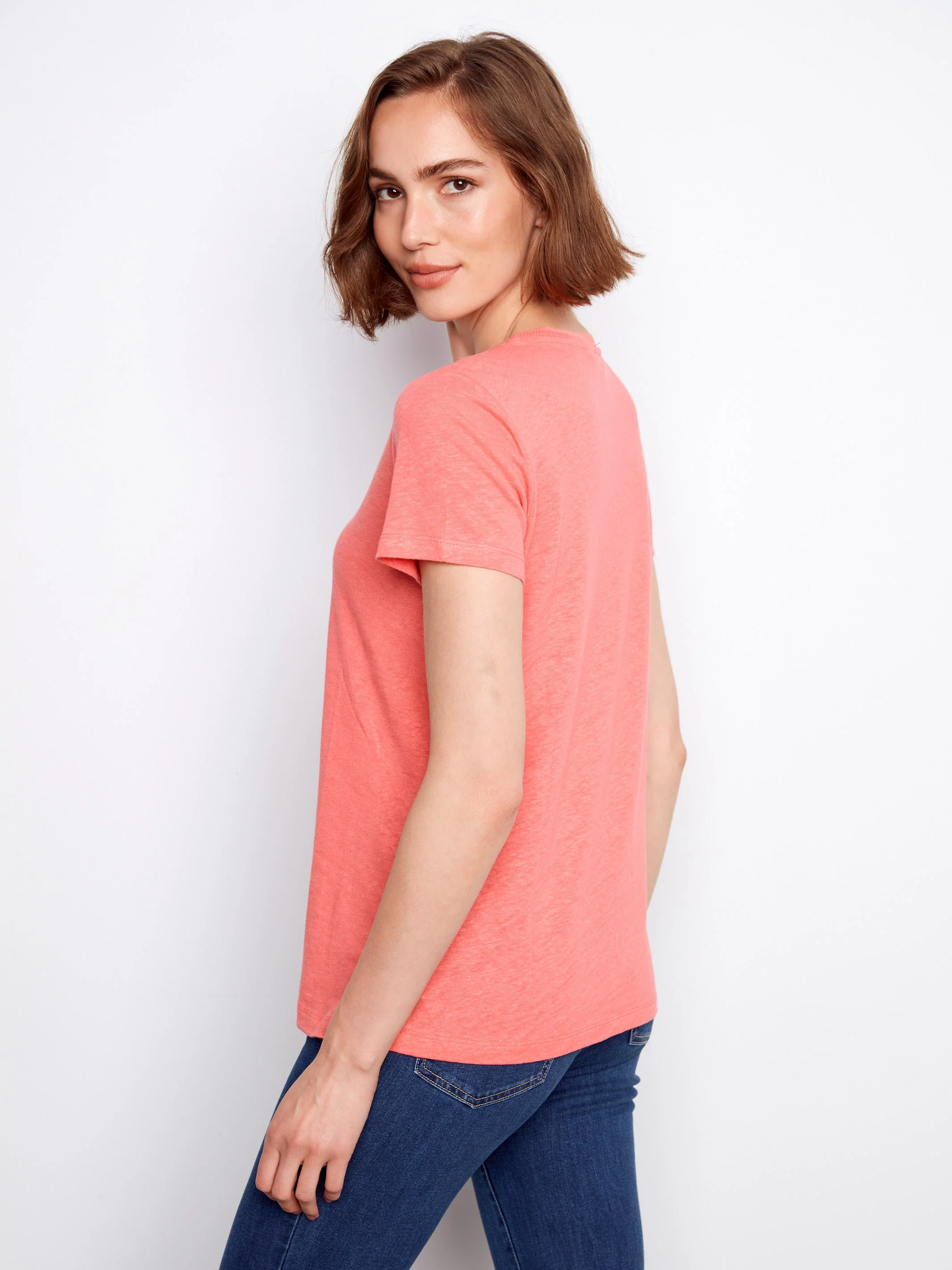 Linen Blend V-Neck T-Shirt - Sorbet - Image 3