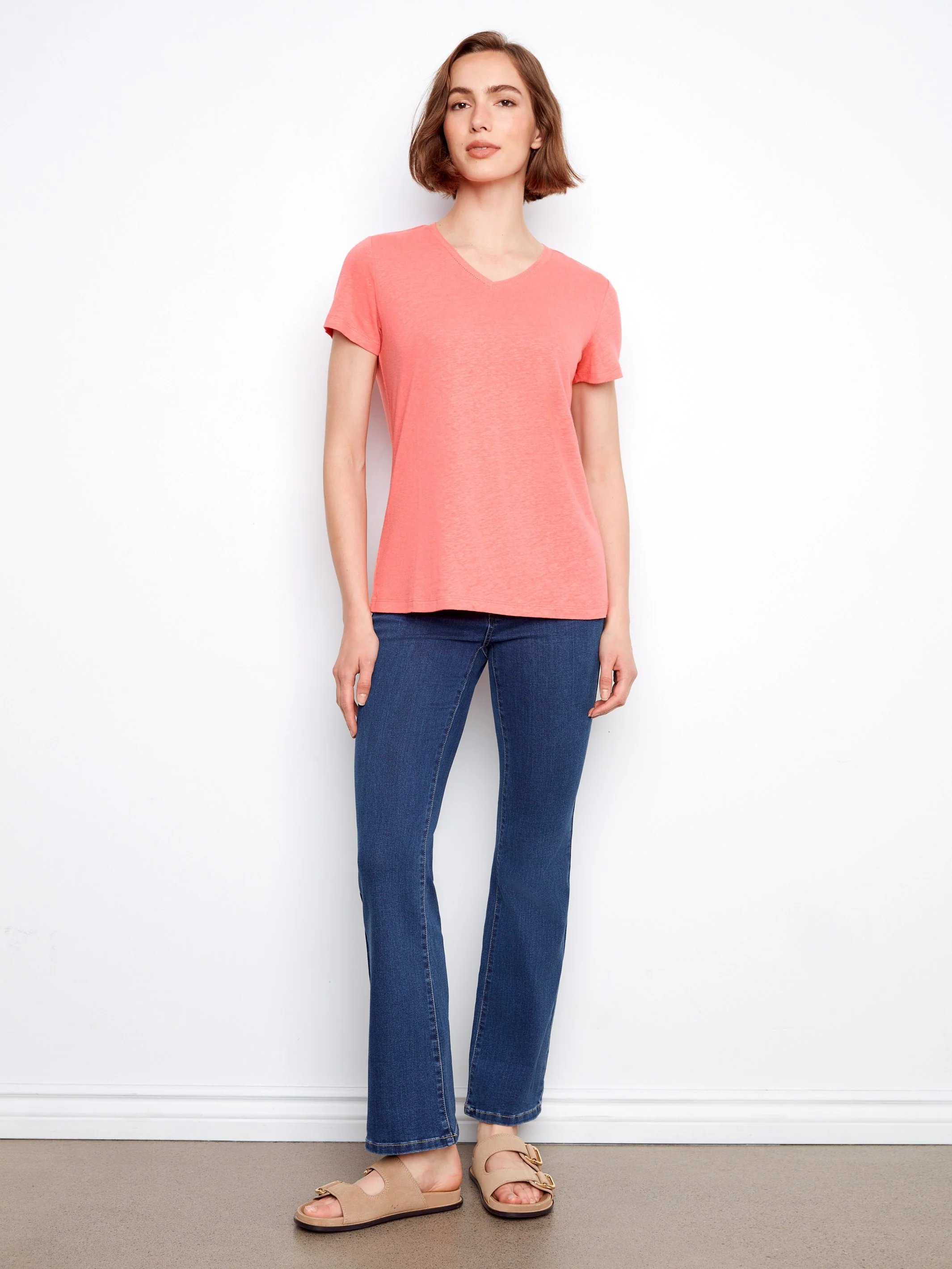 Linen Blend V-Neck T-Shirt - Sorbet - Image 4