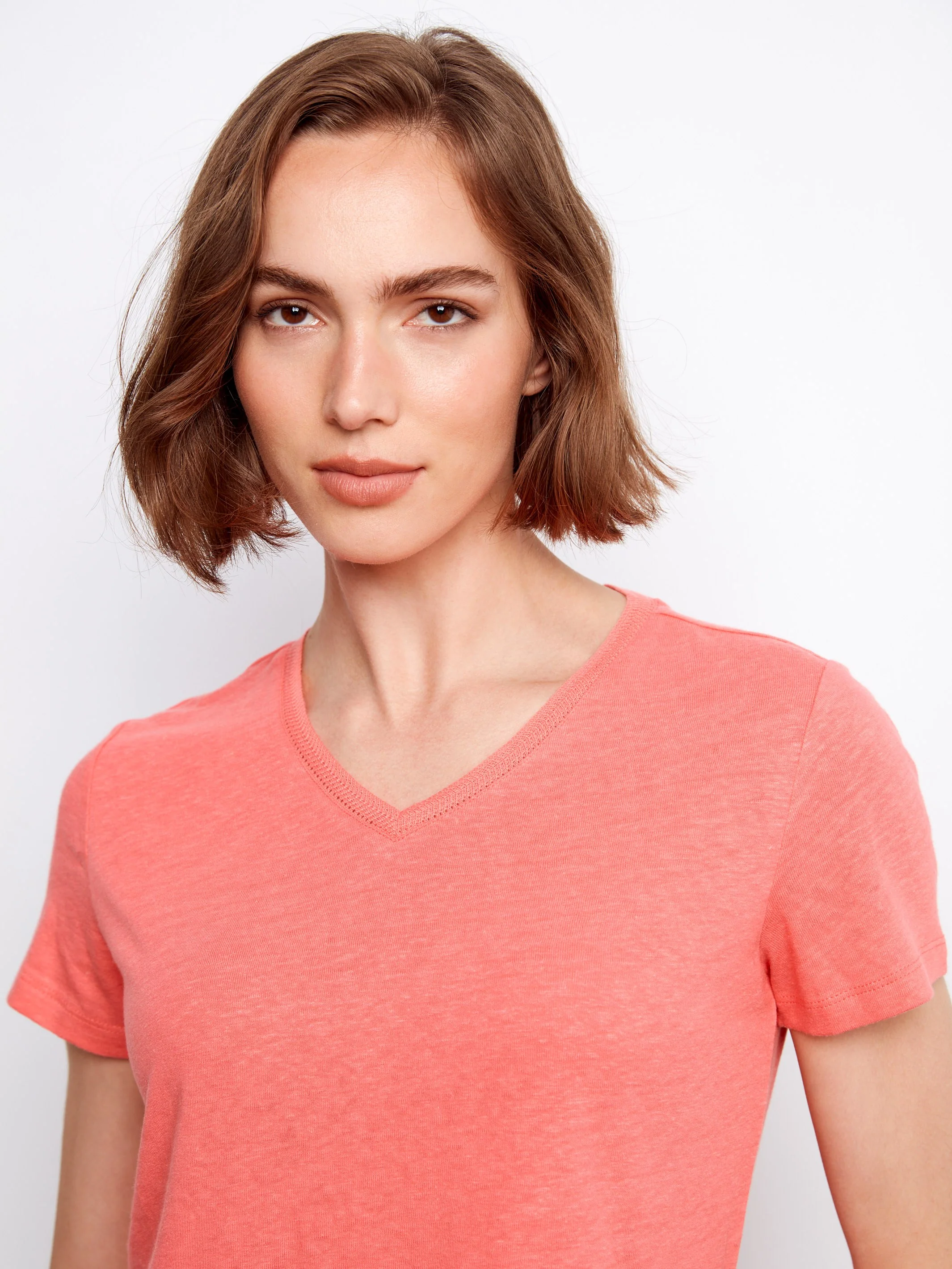 Linen Blend V-Neck T-Shirt - Sorbet - Image 5