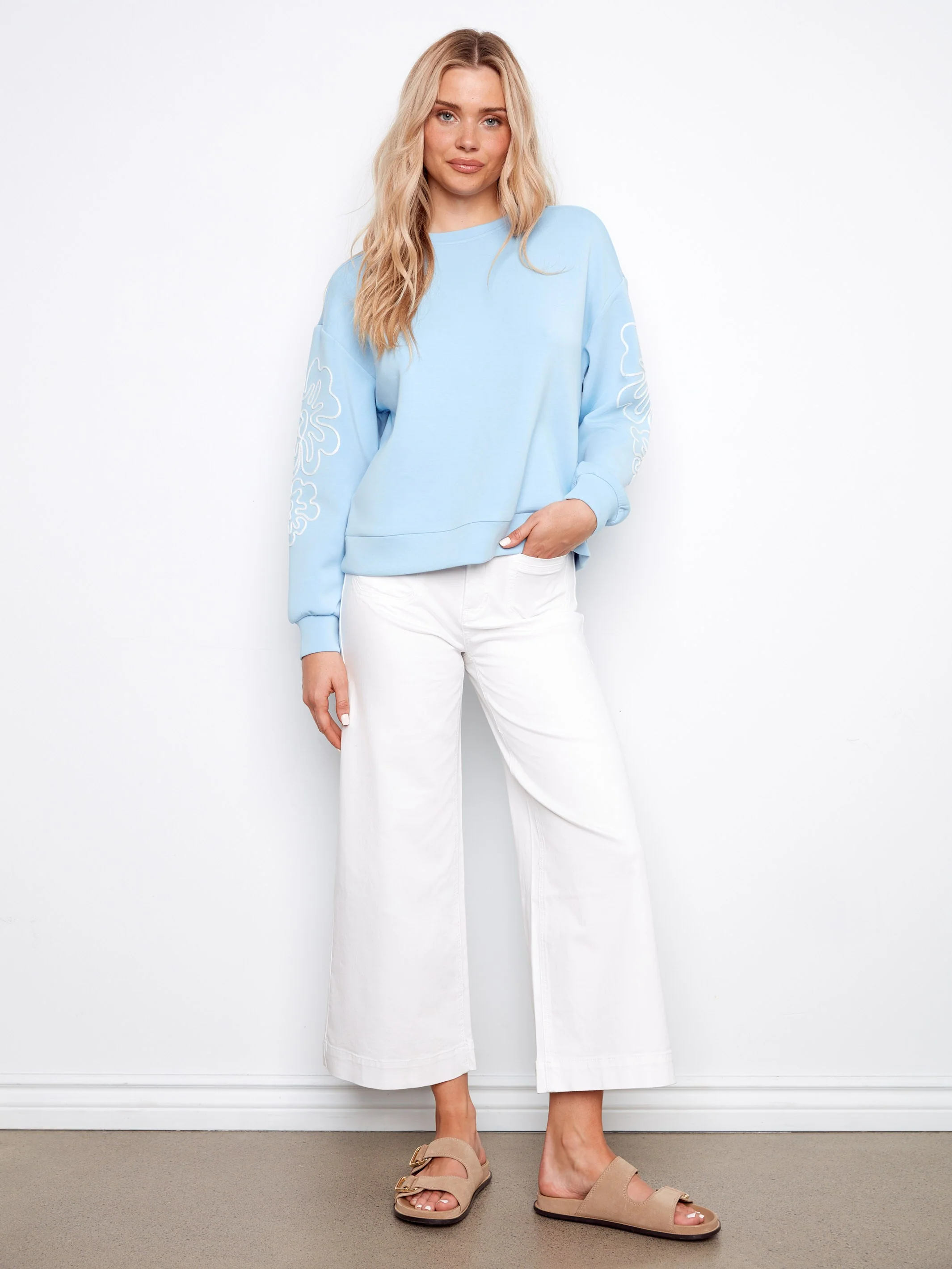 Long Sleeve Scuba Top With Soutache Detail - Bluebell - Image 5