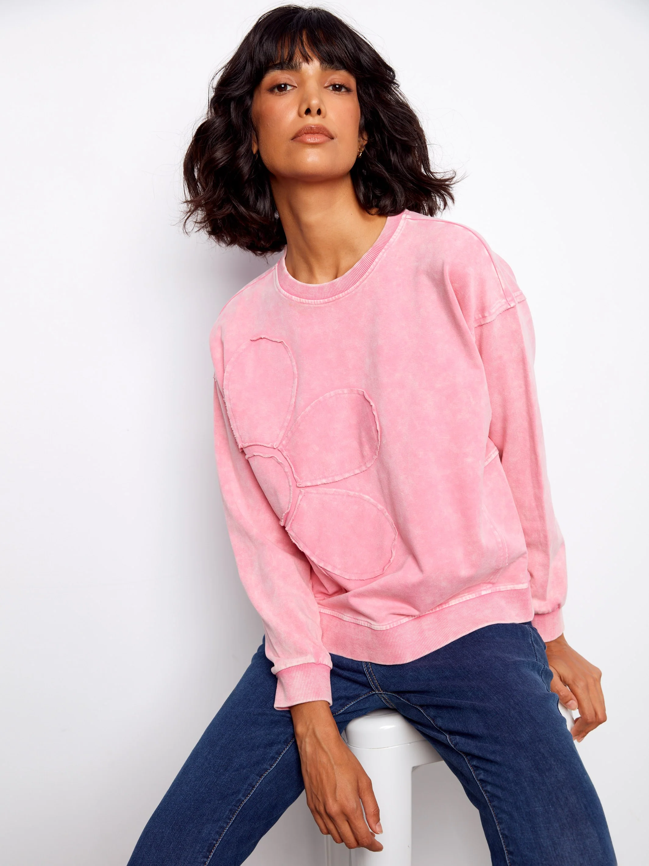 Long Sleeve Top With Flower Appliqué - Candy - Image 10