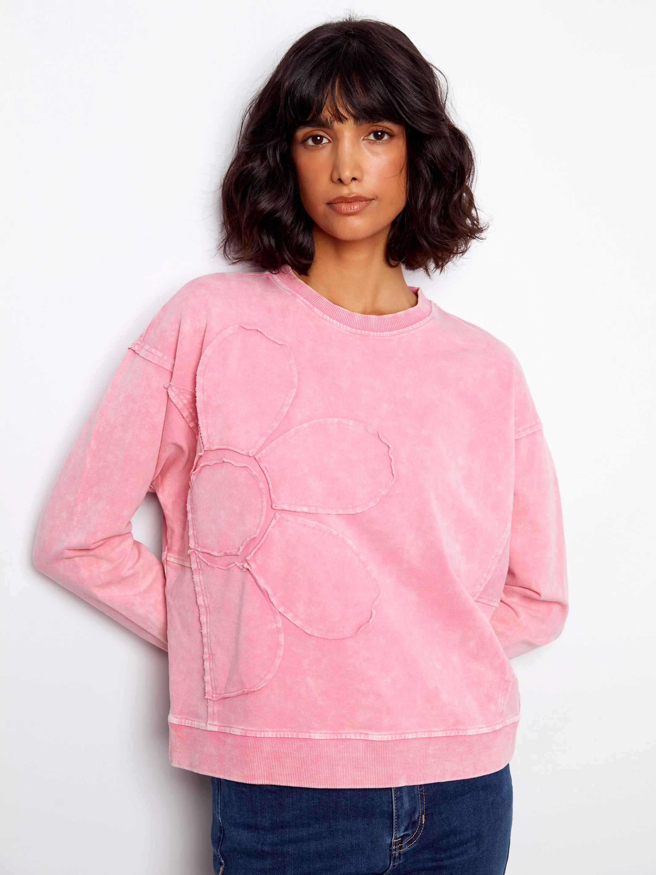 Long Sleeve Top With Flower Appliqué - Candy - Image 3