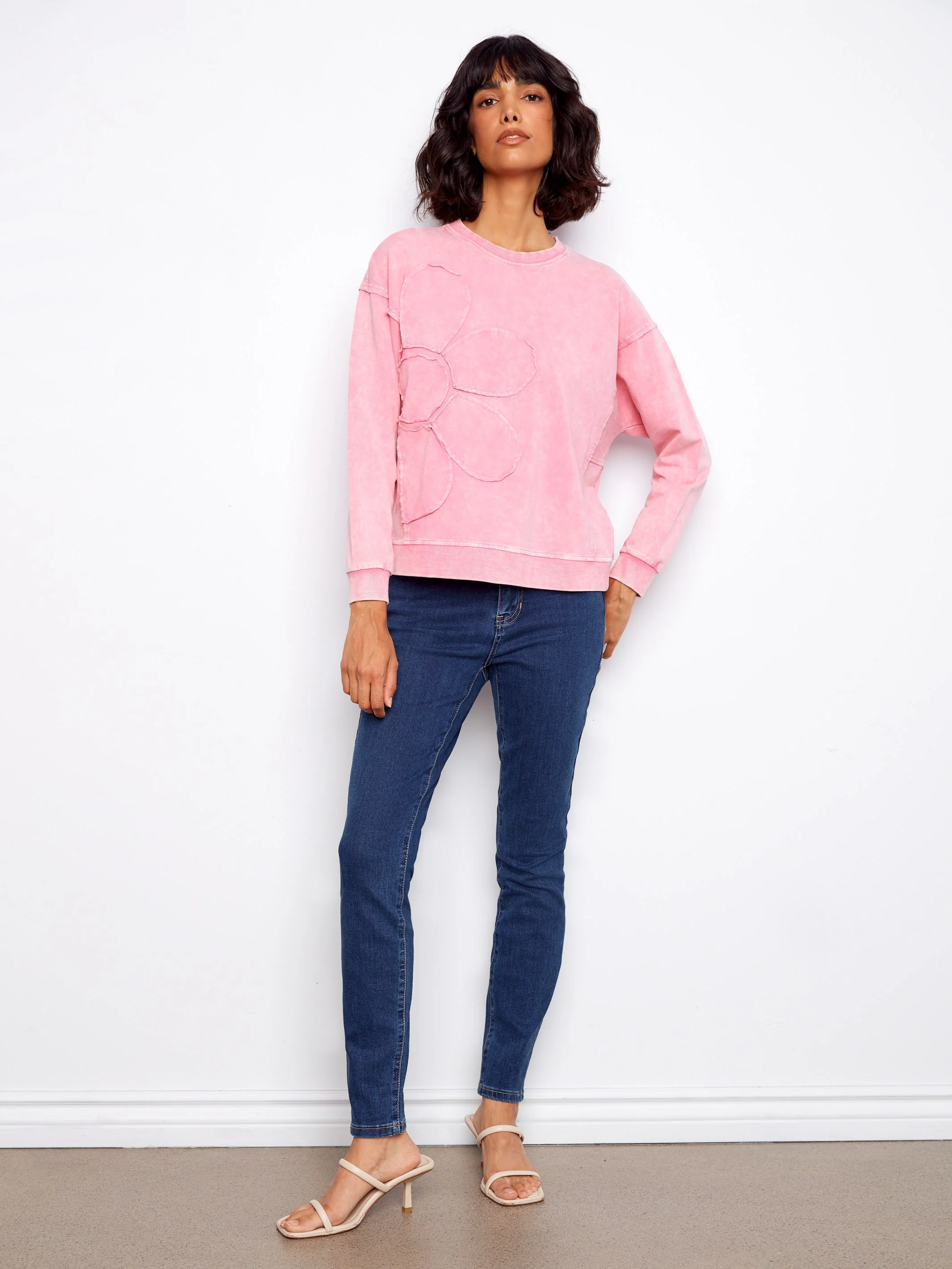 Long Sleeve Top With Flower Appliqué - Candy - Image 4