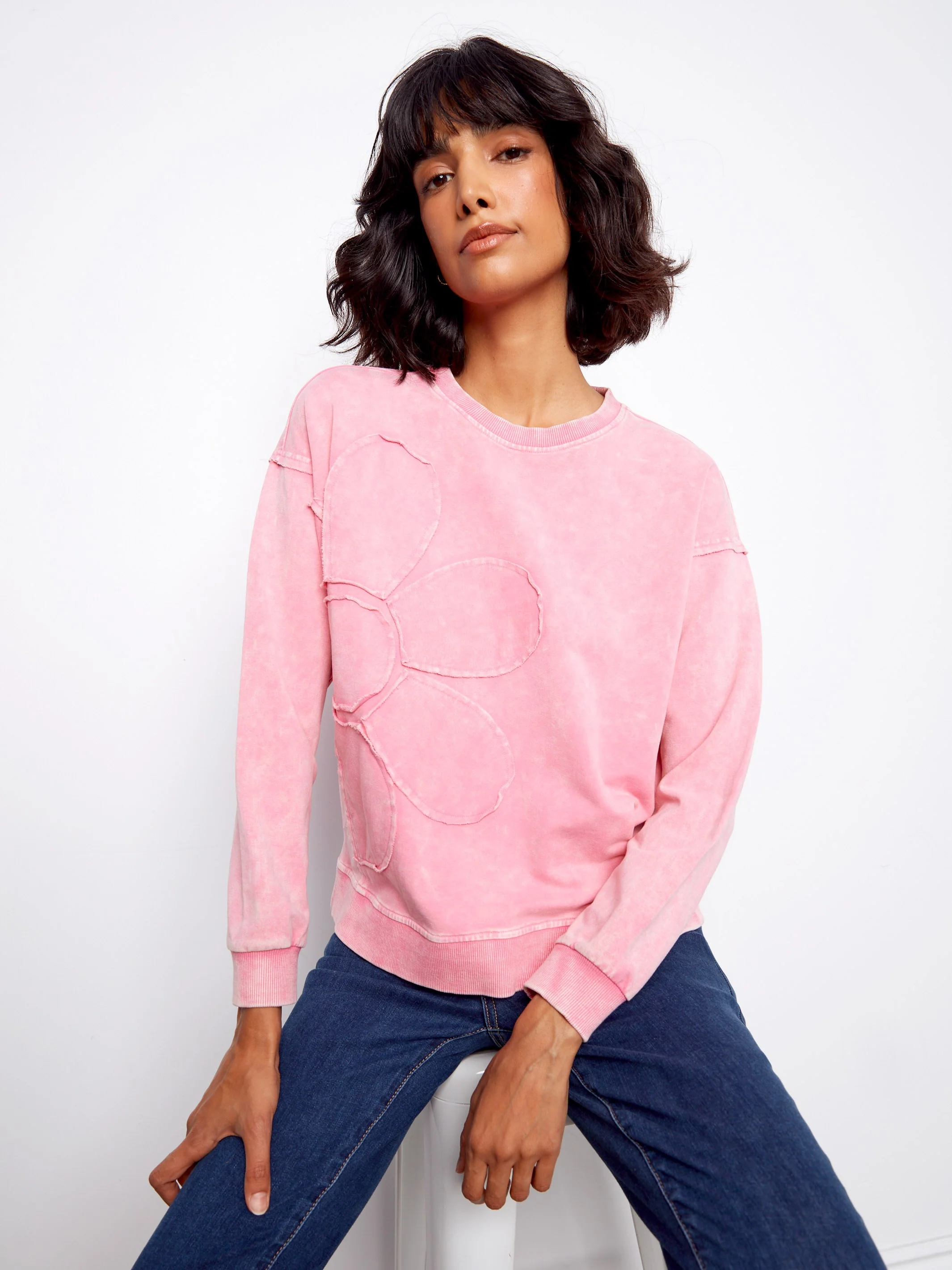 Long Sleeve Top With Flower Appliqué - Candy - Image 6
