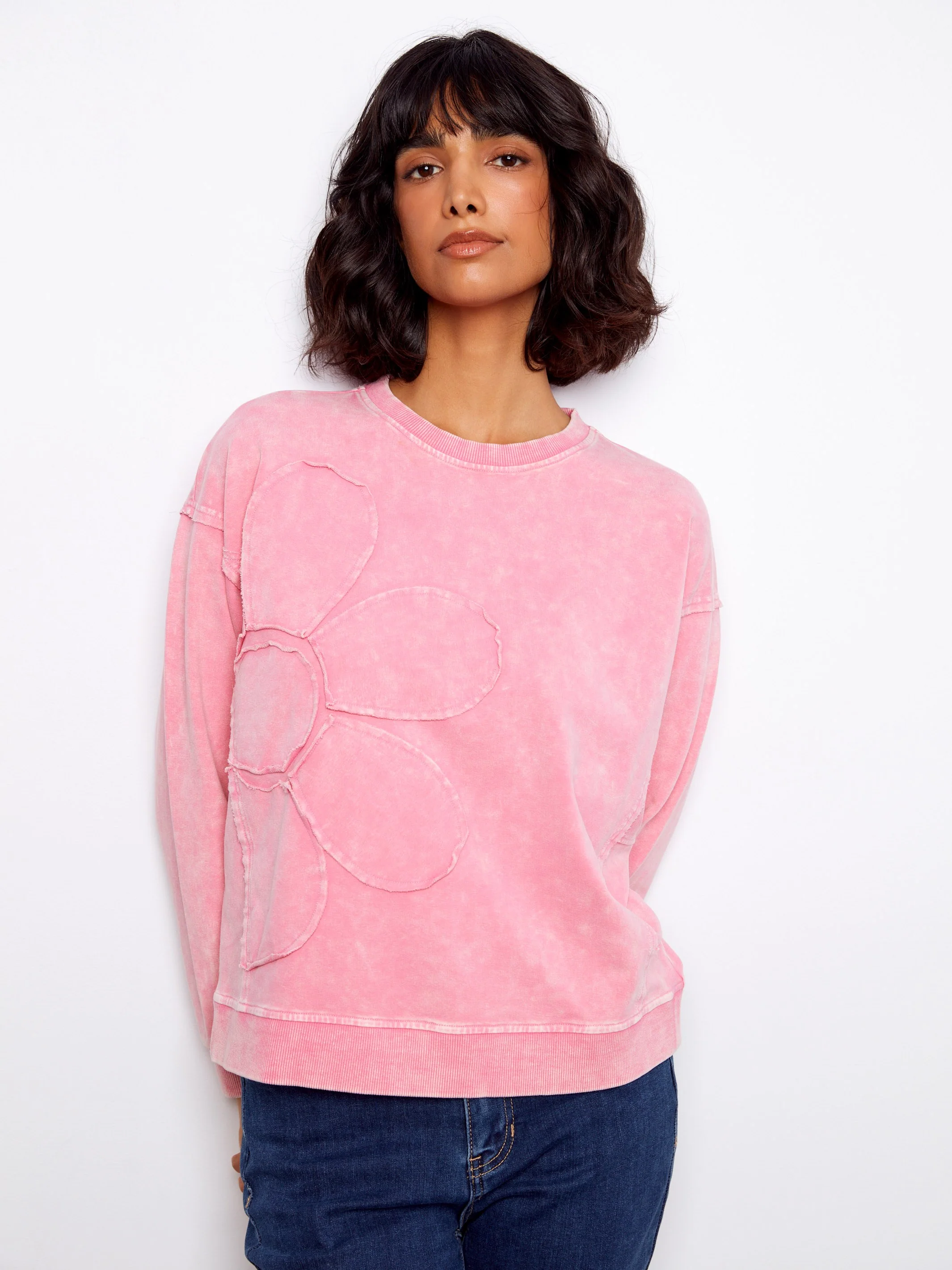 Long Sleeve Top With Flower Appliqué - Candy - Image 7