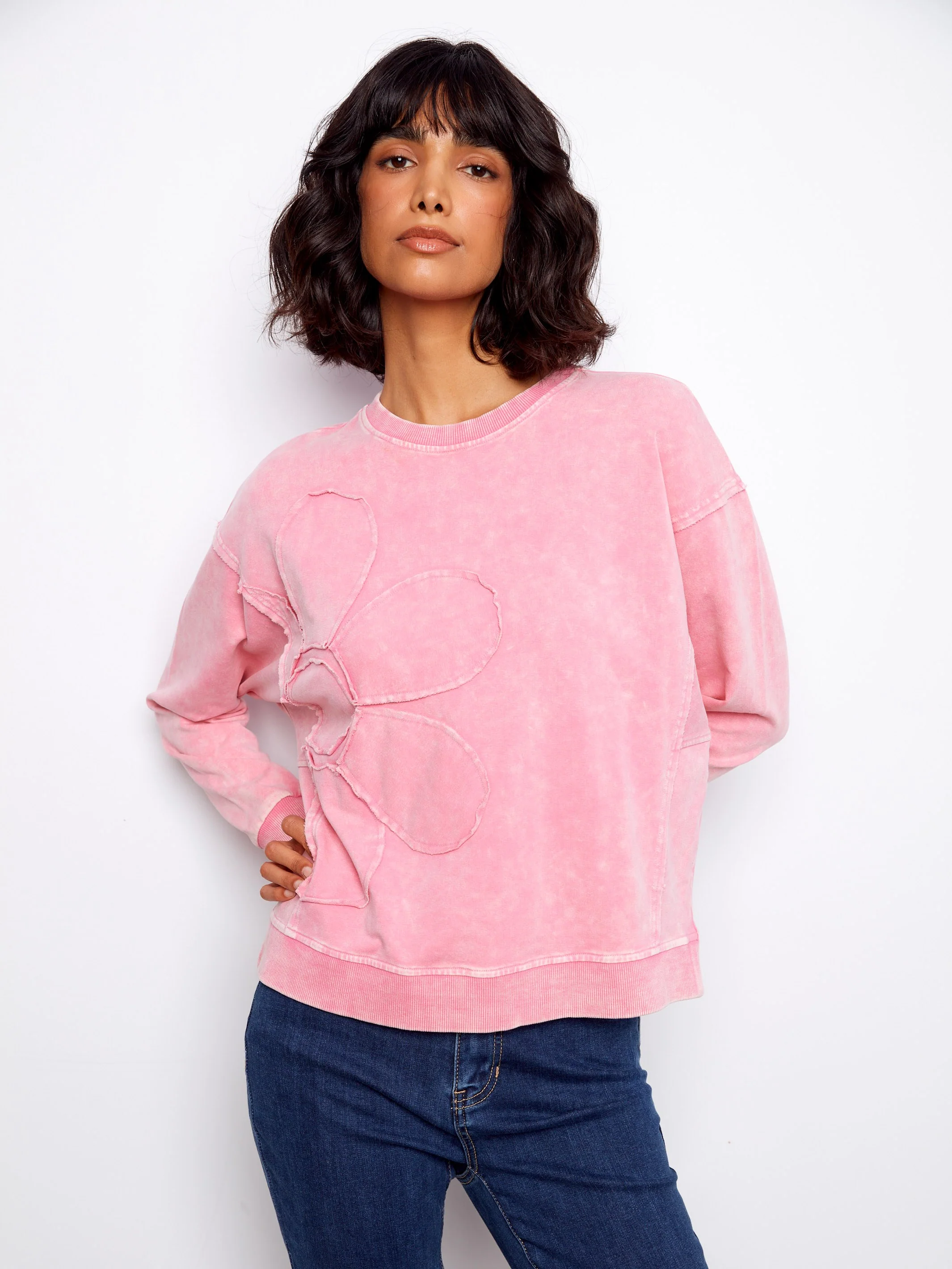 Long Sleeve Top With Flower Appliqué - Candy - Image 9