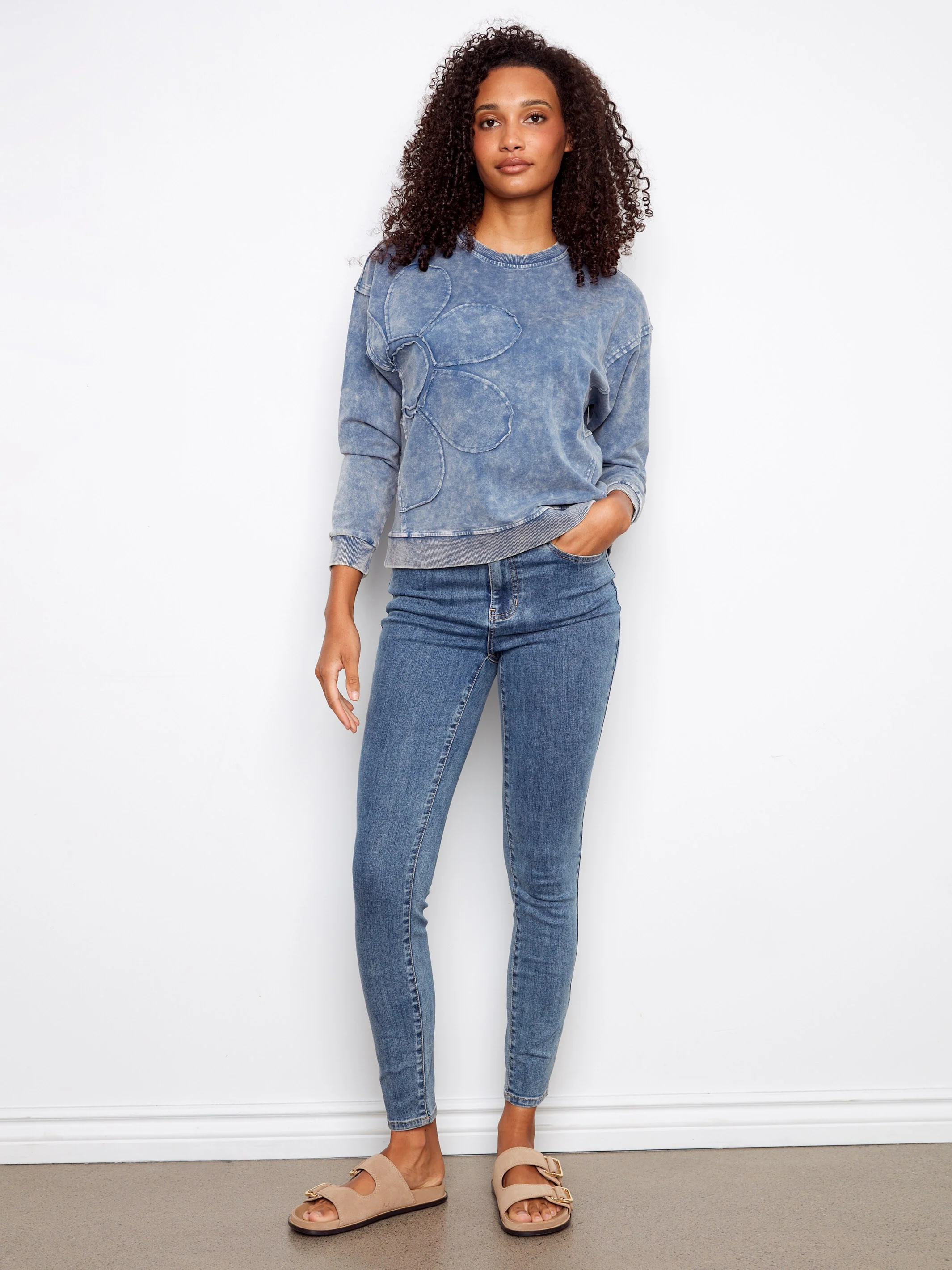 Long Sleeve Top With Flower Appliqué - Denim - Image 3