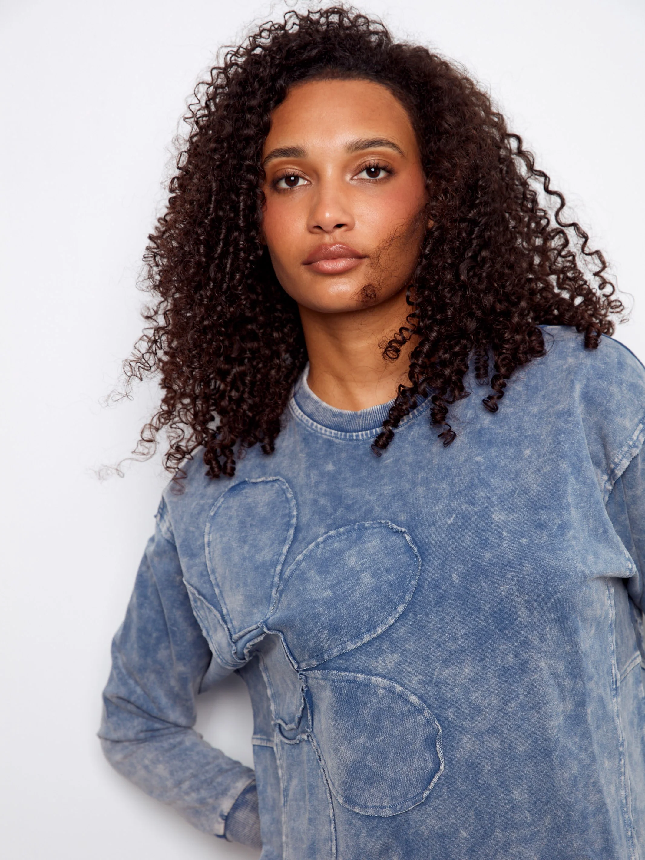 Long Sleeve Top With Flower Appliqué - Denim - Image 4