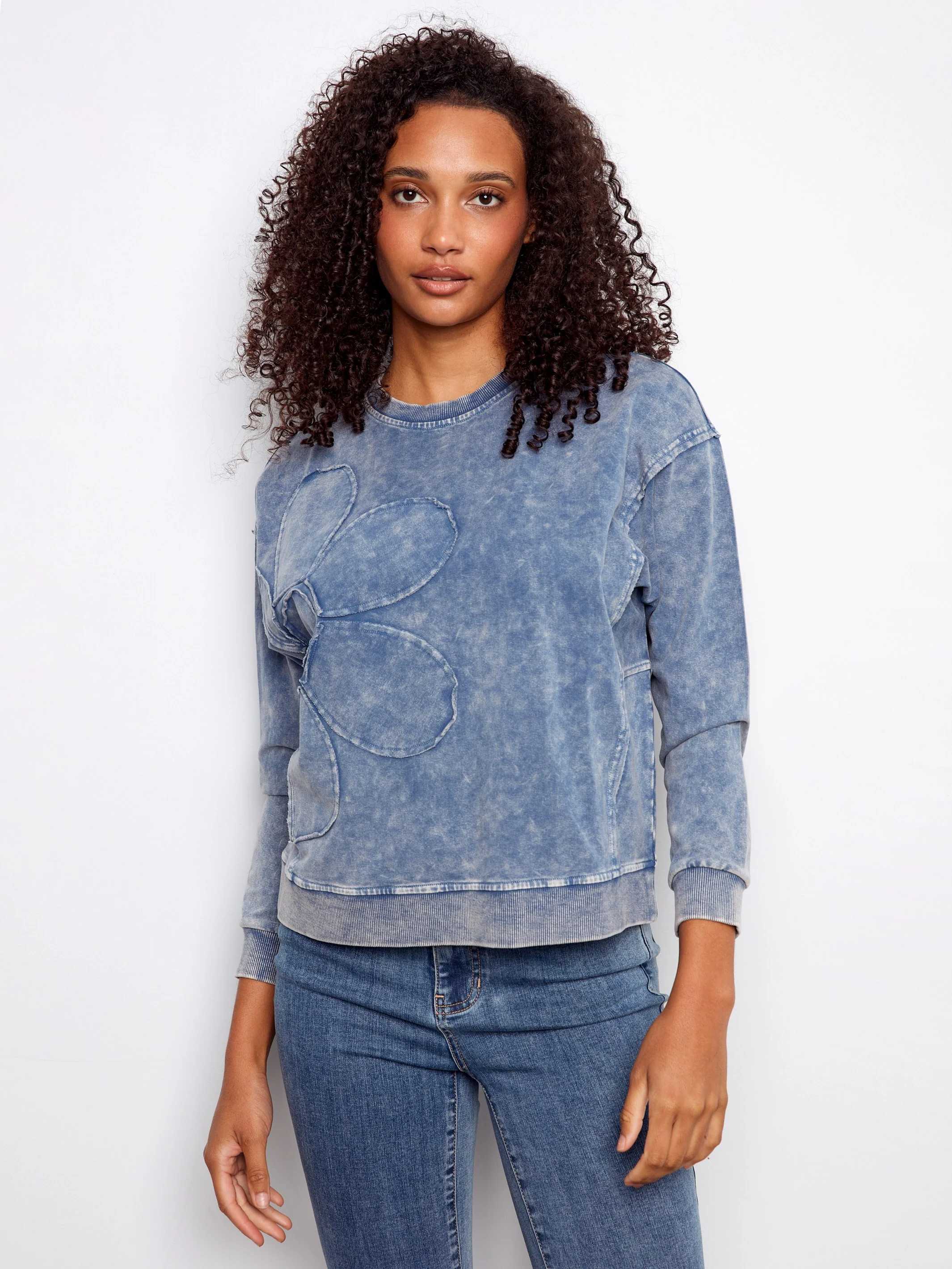 Long Sleeve Top With Flower Appliqué - Denim - Image 5