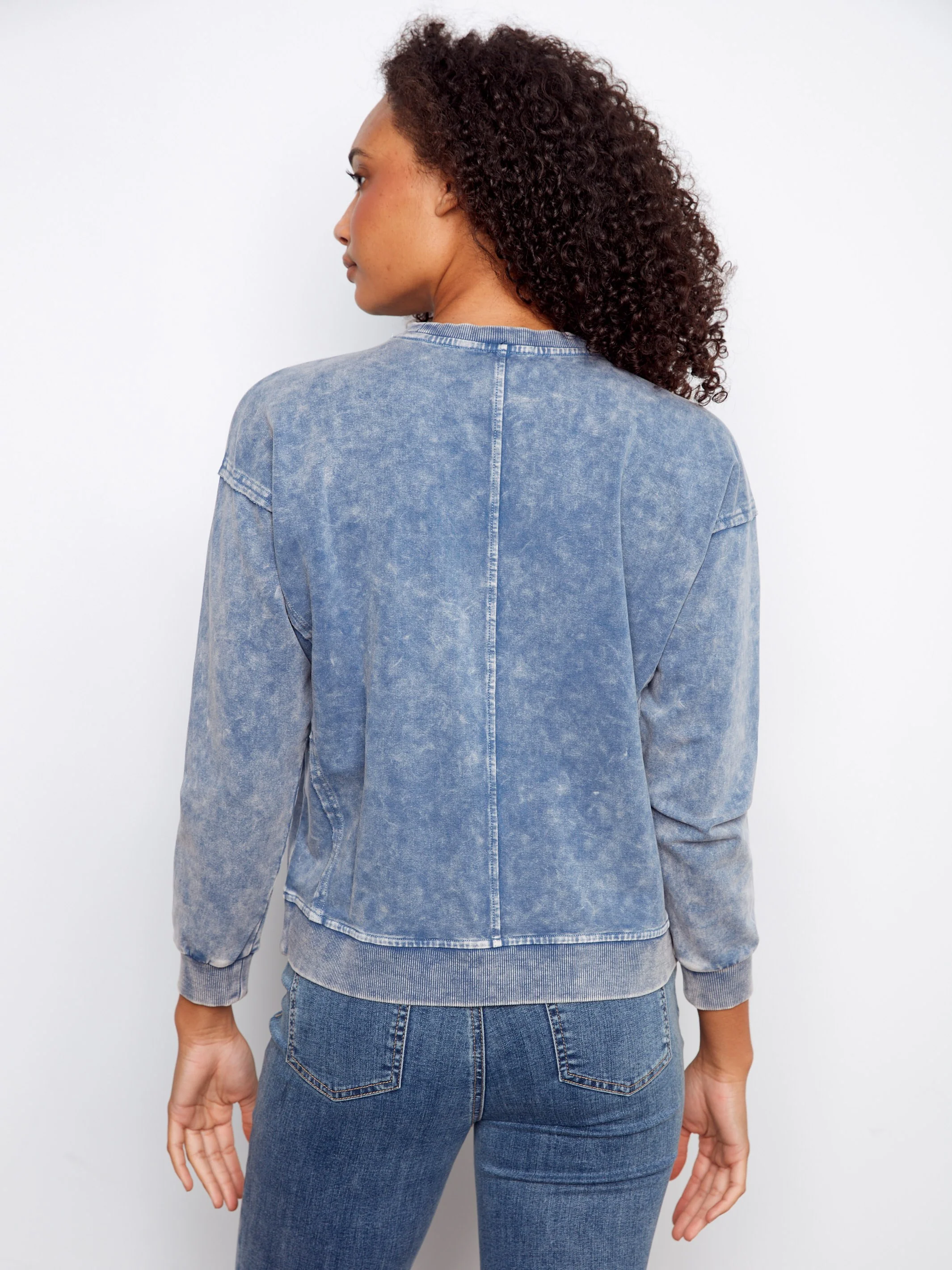 Long Sleeve Top With Flower Appliqué - Denim - Image 6