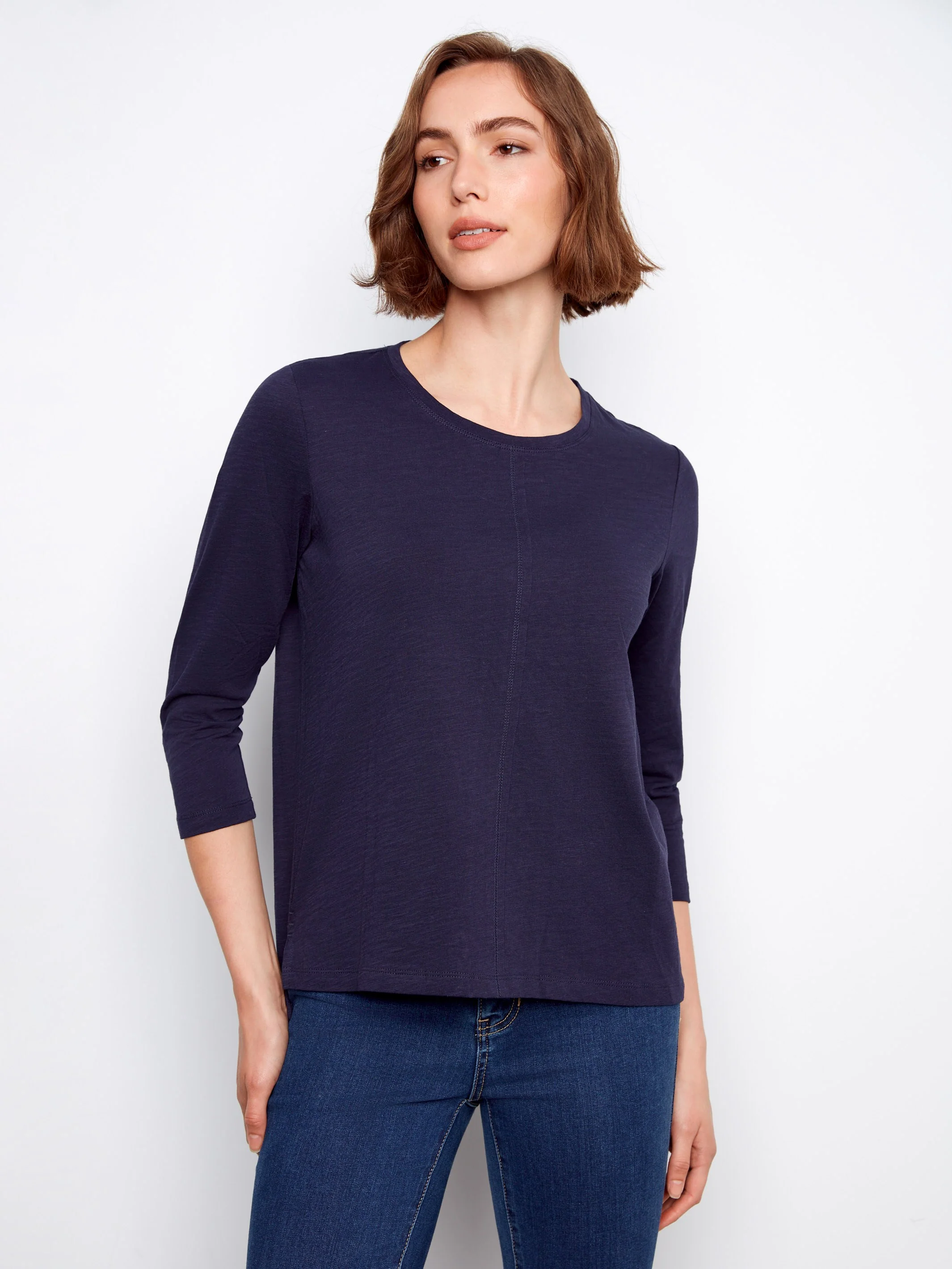 Organic Cotton 3/4 Sleeve Top - Navy - Image 3