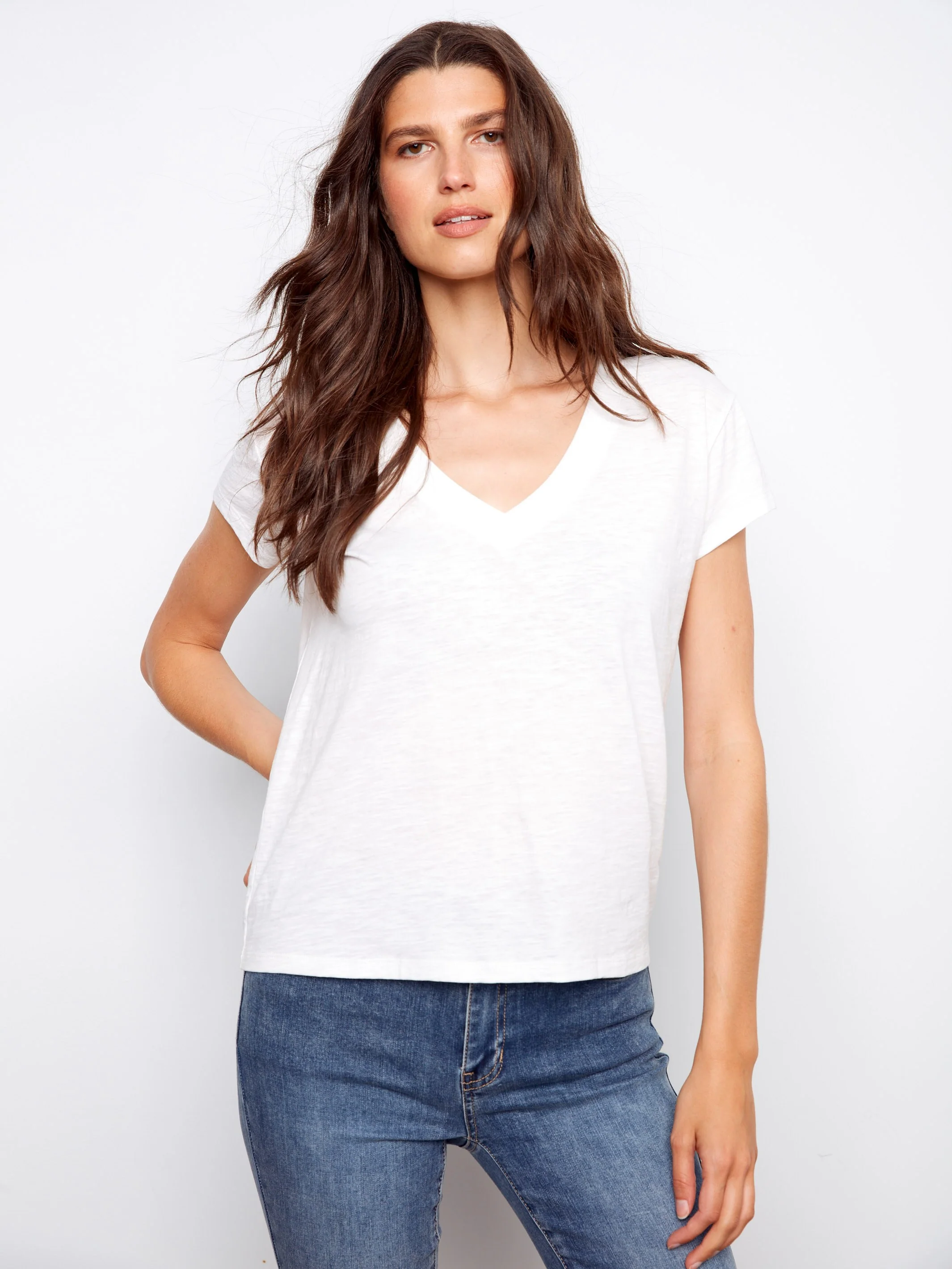 Organic Cotton Drop Shoulder V-Neck T-Shirt - White - Image 4