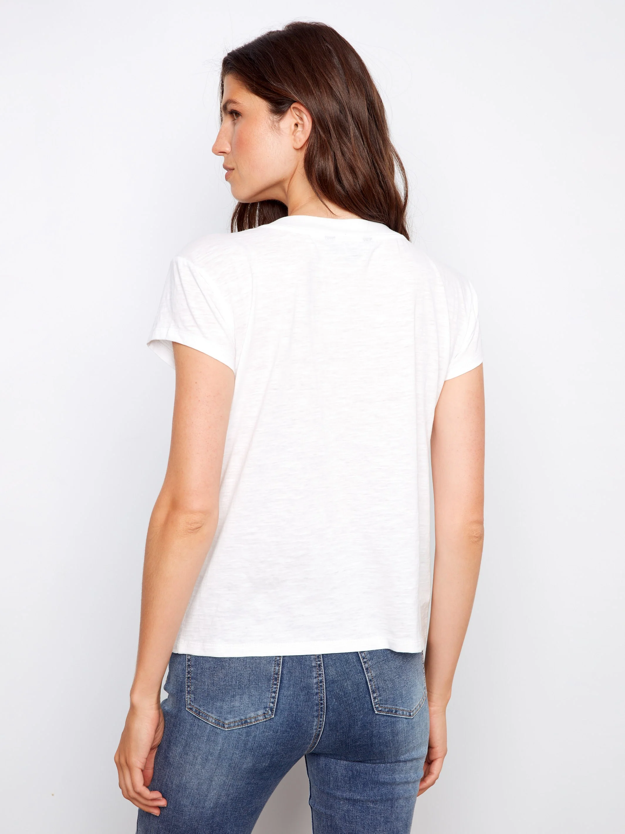 Organic Cotton Drop Shoulder V-Neck T-Shirt - White - Image 5