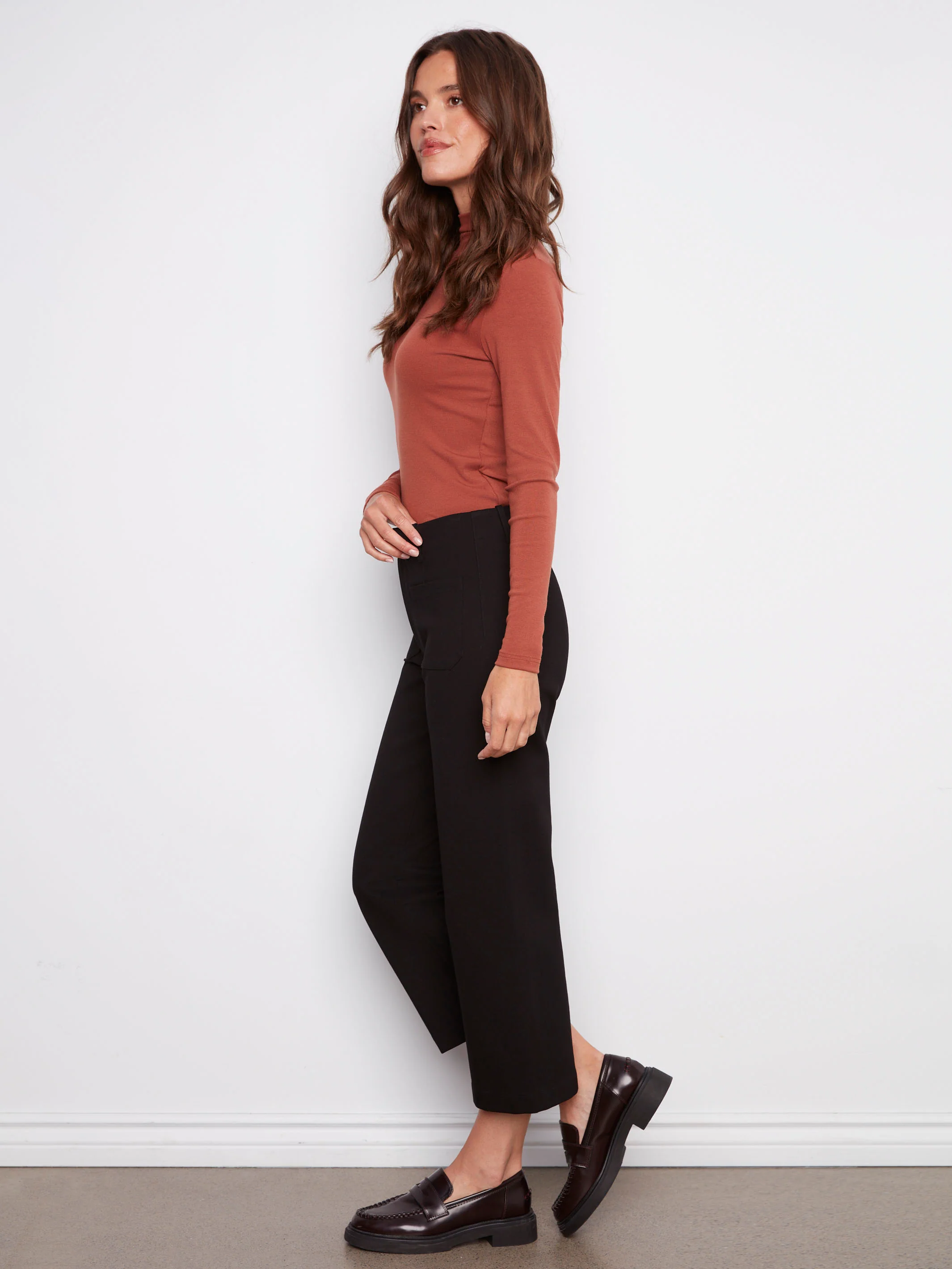 Patch Pocket Wide Leg Ponte Pants - Black - Image 3