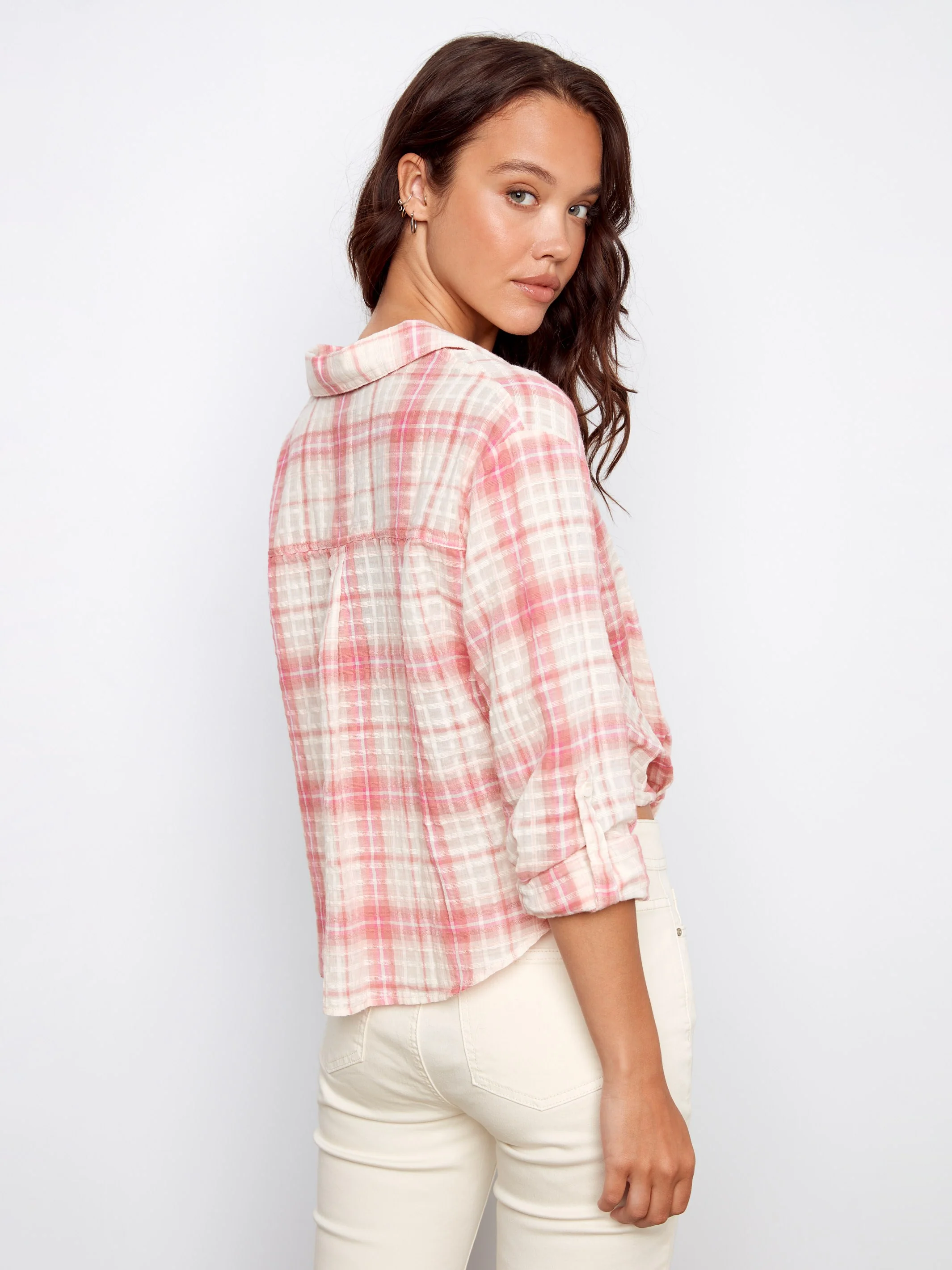 Plaid Cotton Shirt With Front Twist - Candy - Image 4