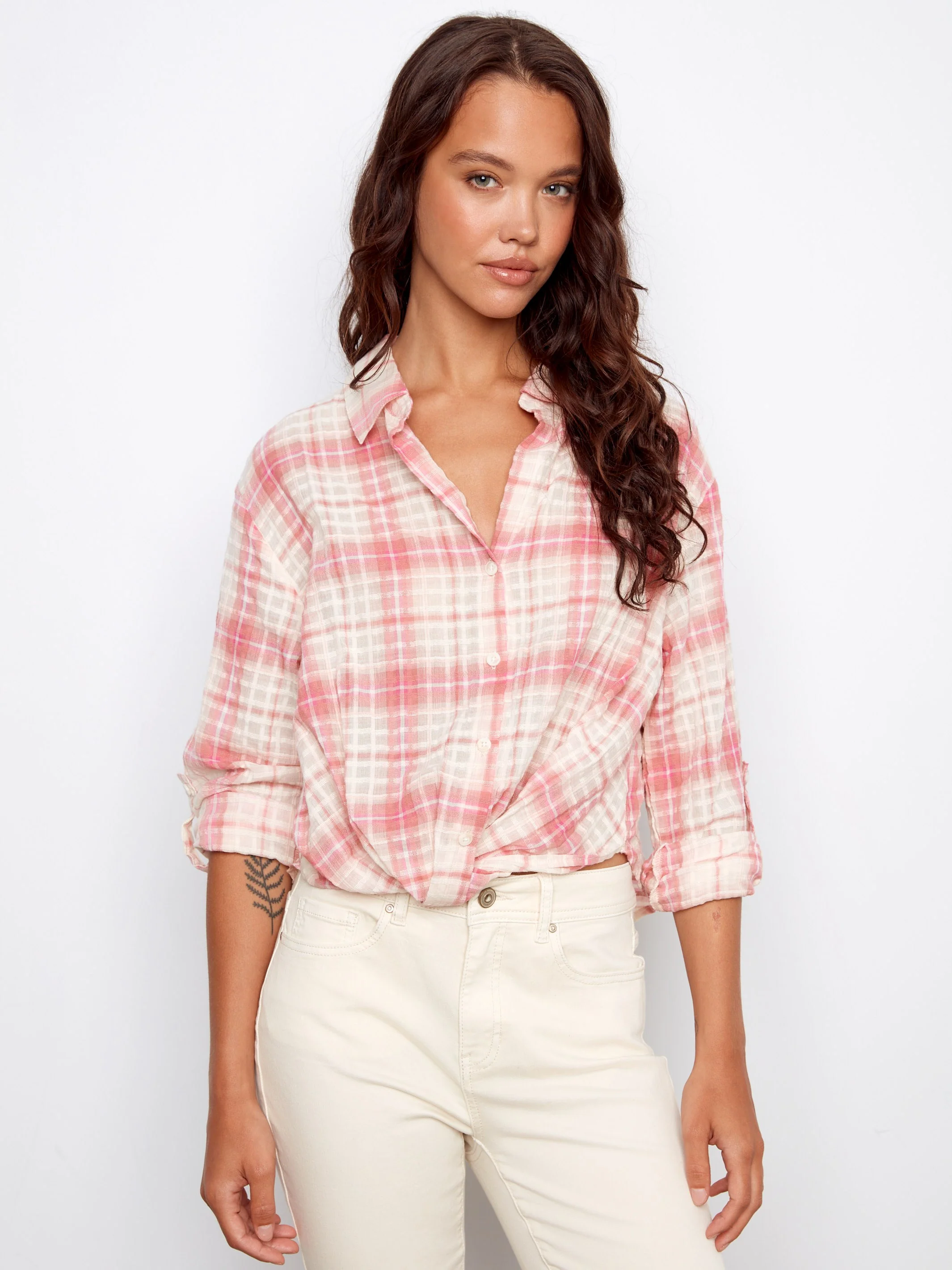 Plaid Cotton Shirt With Front Twist - Candy - Image 5