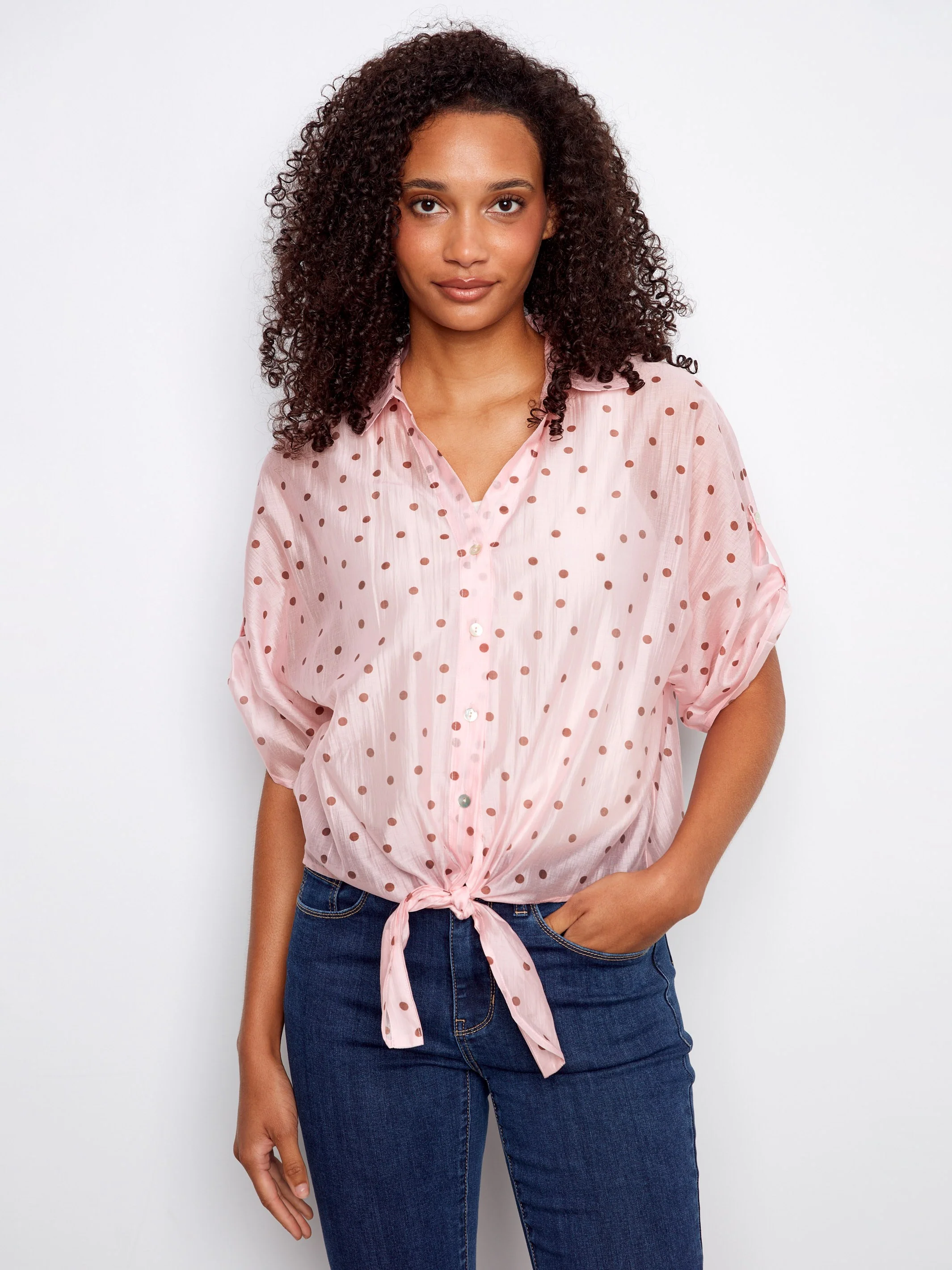 Polka Dot Front-Tie Blouse - Peony