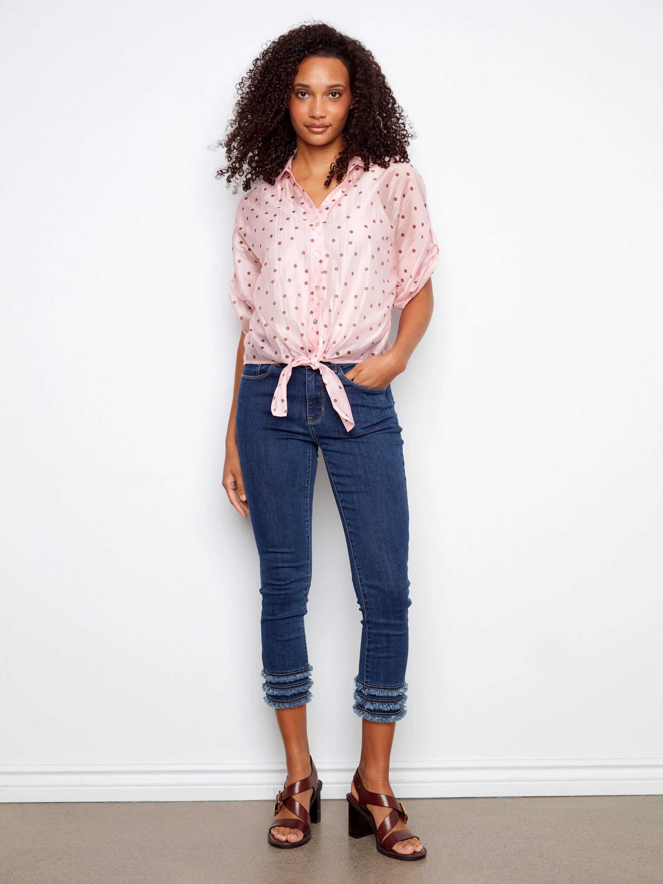 Polka Dot Front-Tie Blouse - Peony - Image 3