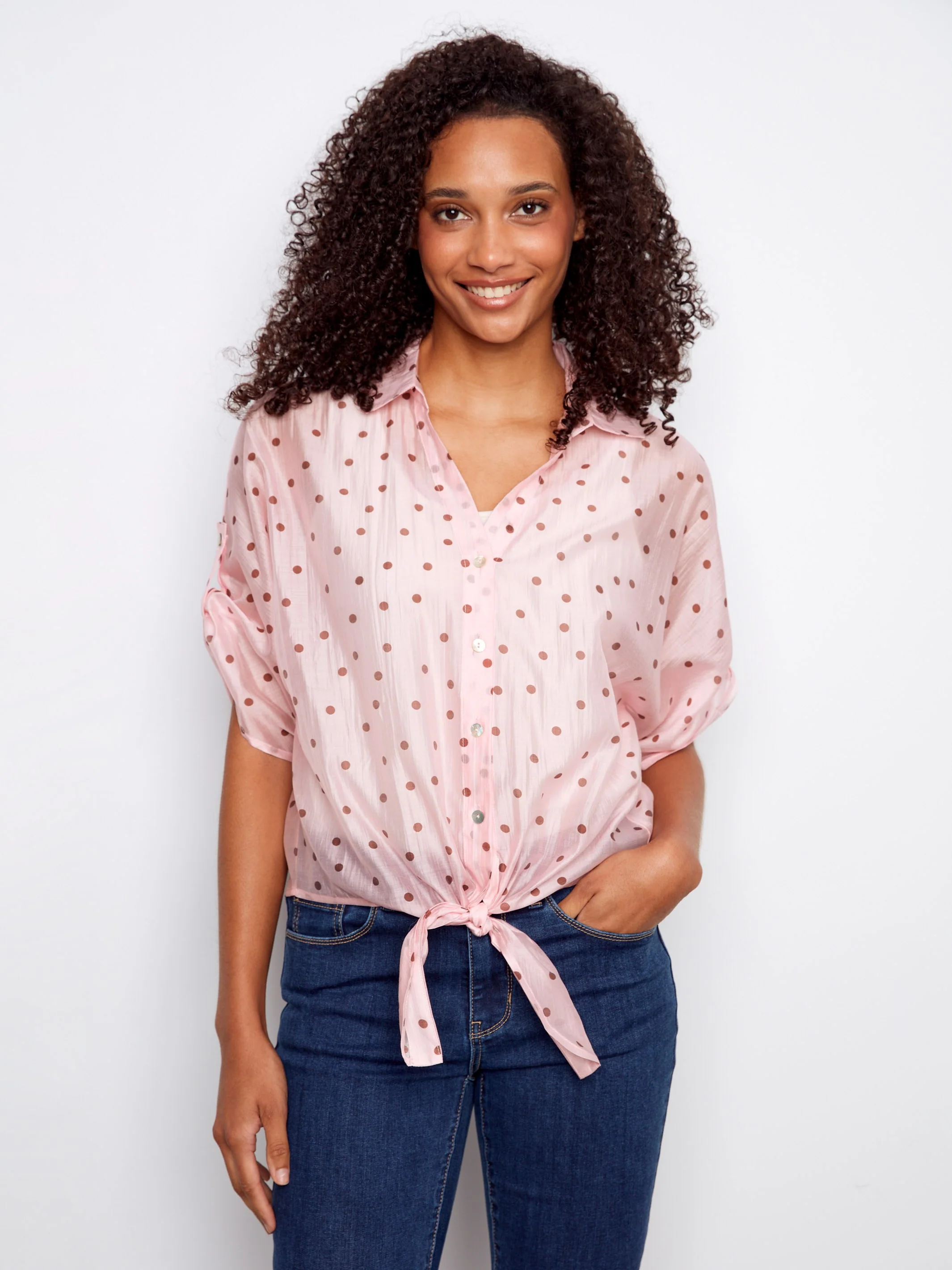 Polka Dot Front-Tie Blouse - Peony - Image 4