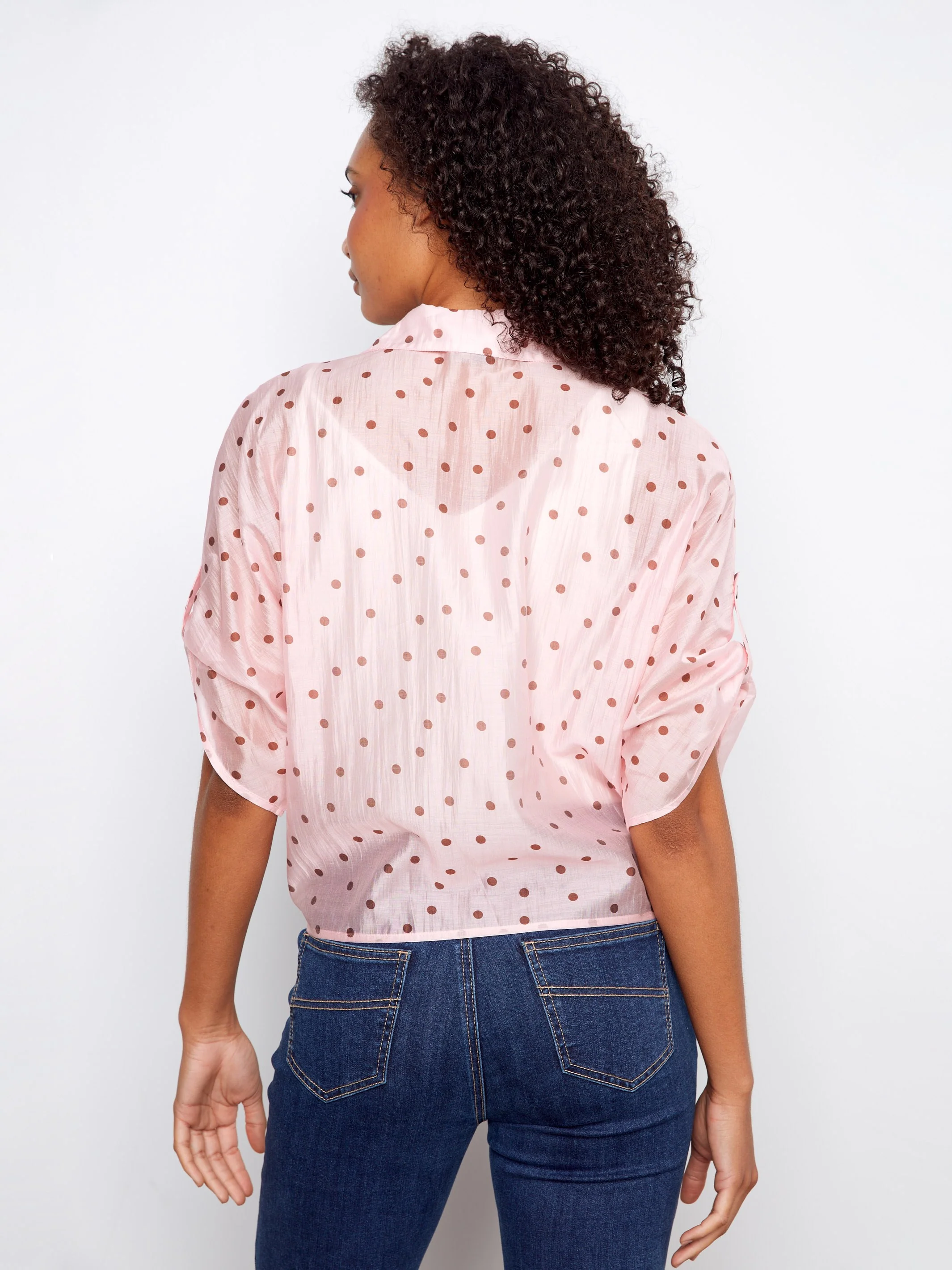 Polka Dot Front-Tie Blouse - Peony - Image 5